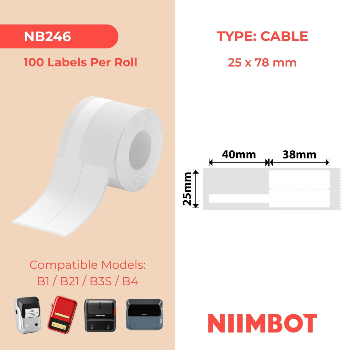 NB246 - NIIMBOT - B1 / B21 / B3S - 25*78MM - 100 ETIKETTE PER ROL - KABEL / JUWELE - WIT