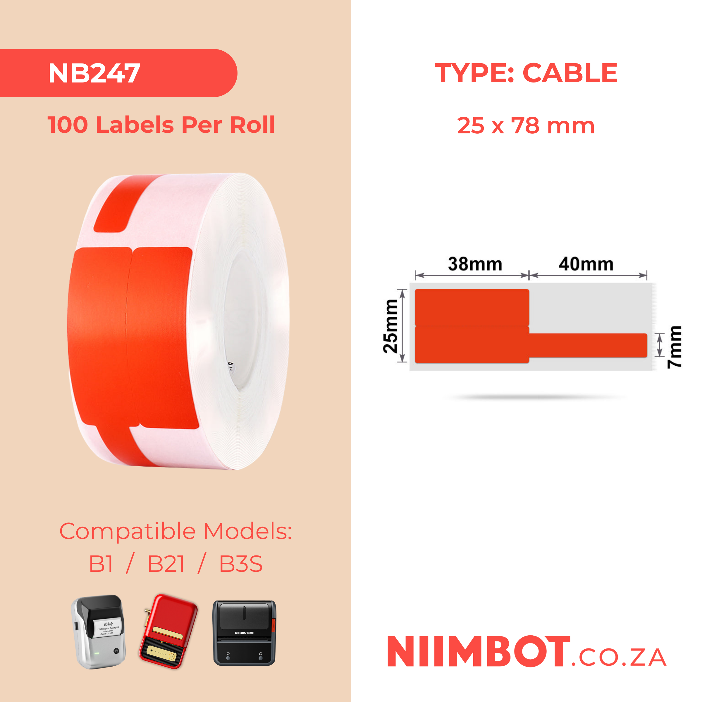 NB247 - NIIMBOT - B1 / B21 / B3S - 25*78MM - 100 LABELS PER ROLL - CABLE / JEWELLERY - RED
