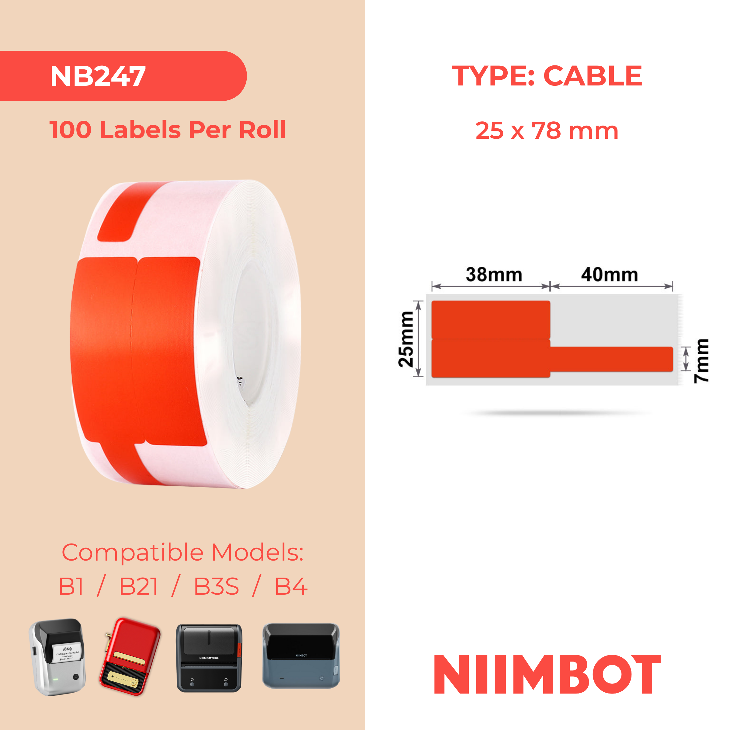 NB247 - Niimbot - B1 / B21 / B31 / B3S / B4 - 25x78mm - 100 Red Cable Labels