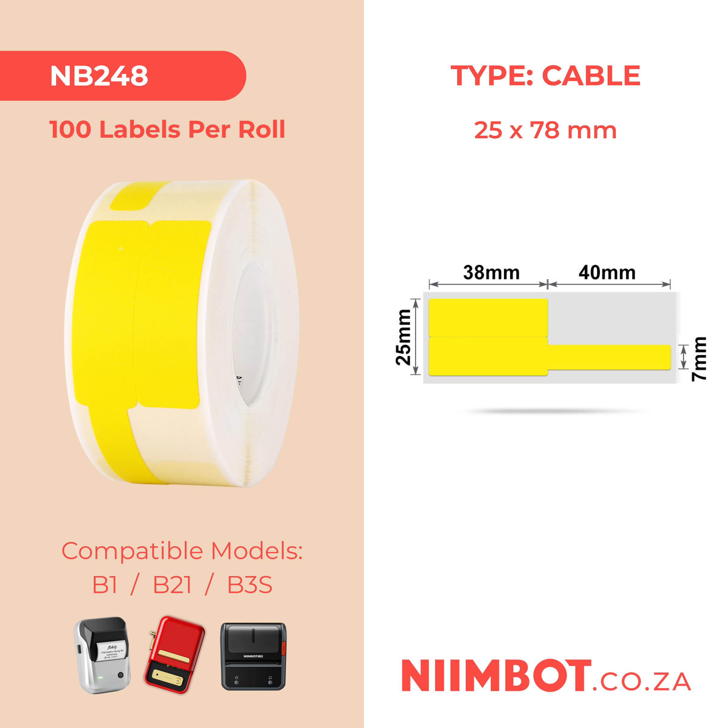 NB248 - NIIMBOT - B1 / B21 / B3S - 25*78MM - 100 LABELS PER ROLL - CABLE / JEWELLERY - YELLOW