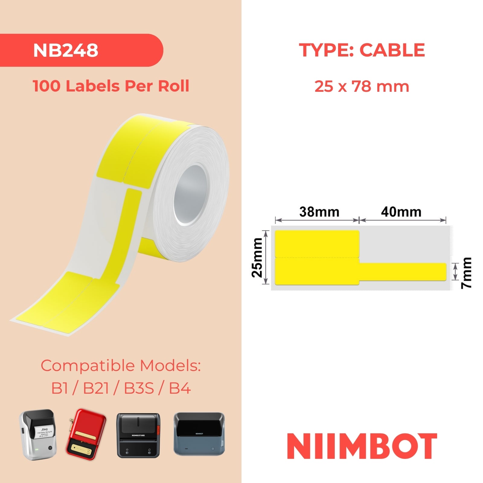 NB248 - NIIMBOT - B1 / B21 / B3S - 25*78MM - 100 ETIKETTE PER ROL - KABEL / JUWELE - GEEL