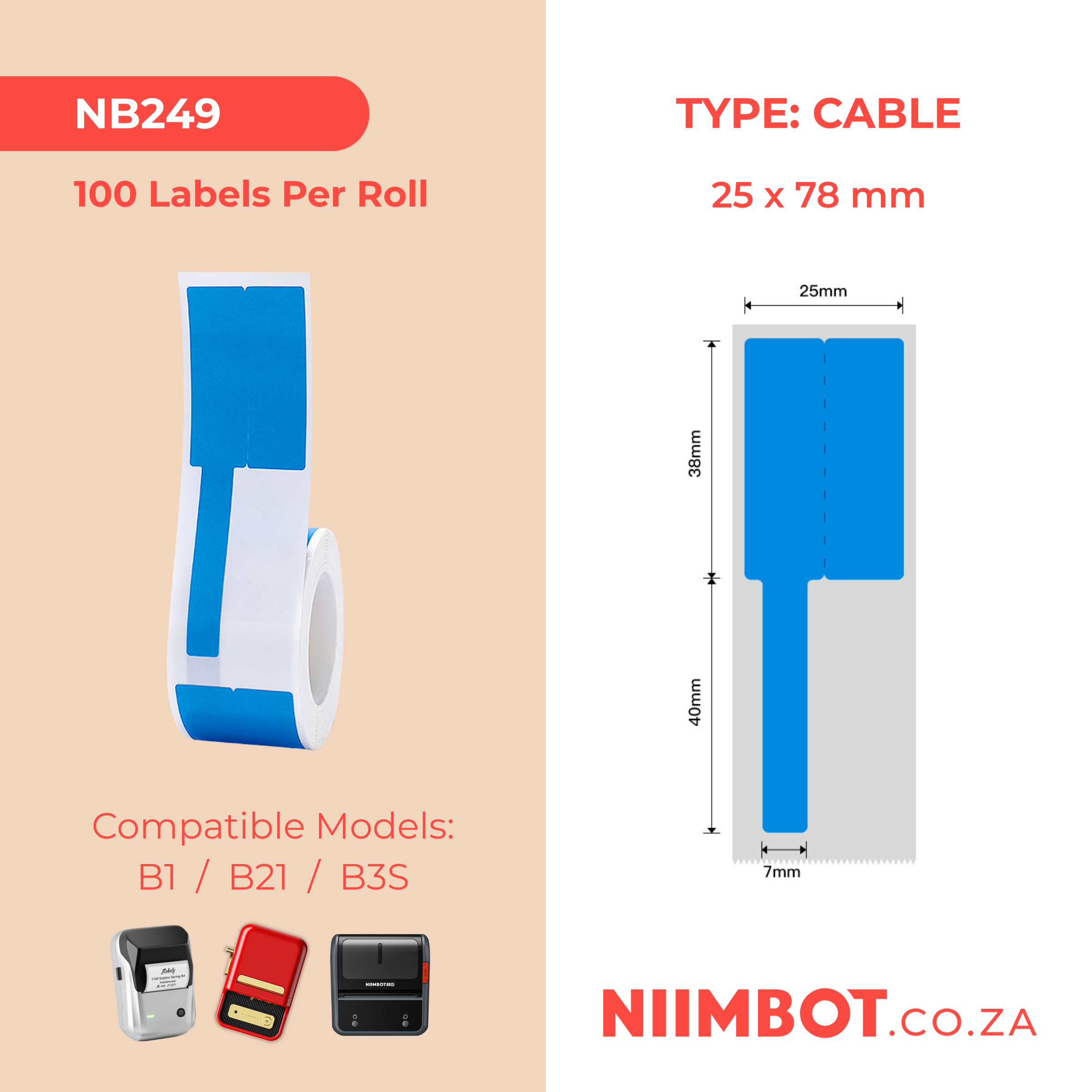 NB249 - NIIMBOT - B1 / B21 / B3S - R02F - 25*78MM (25X38+40X7) -100 BLUE THERMAL LABELS - CABLE DESIGN
