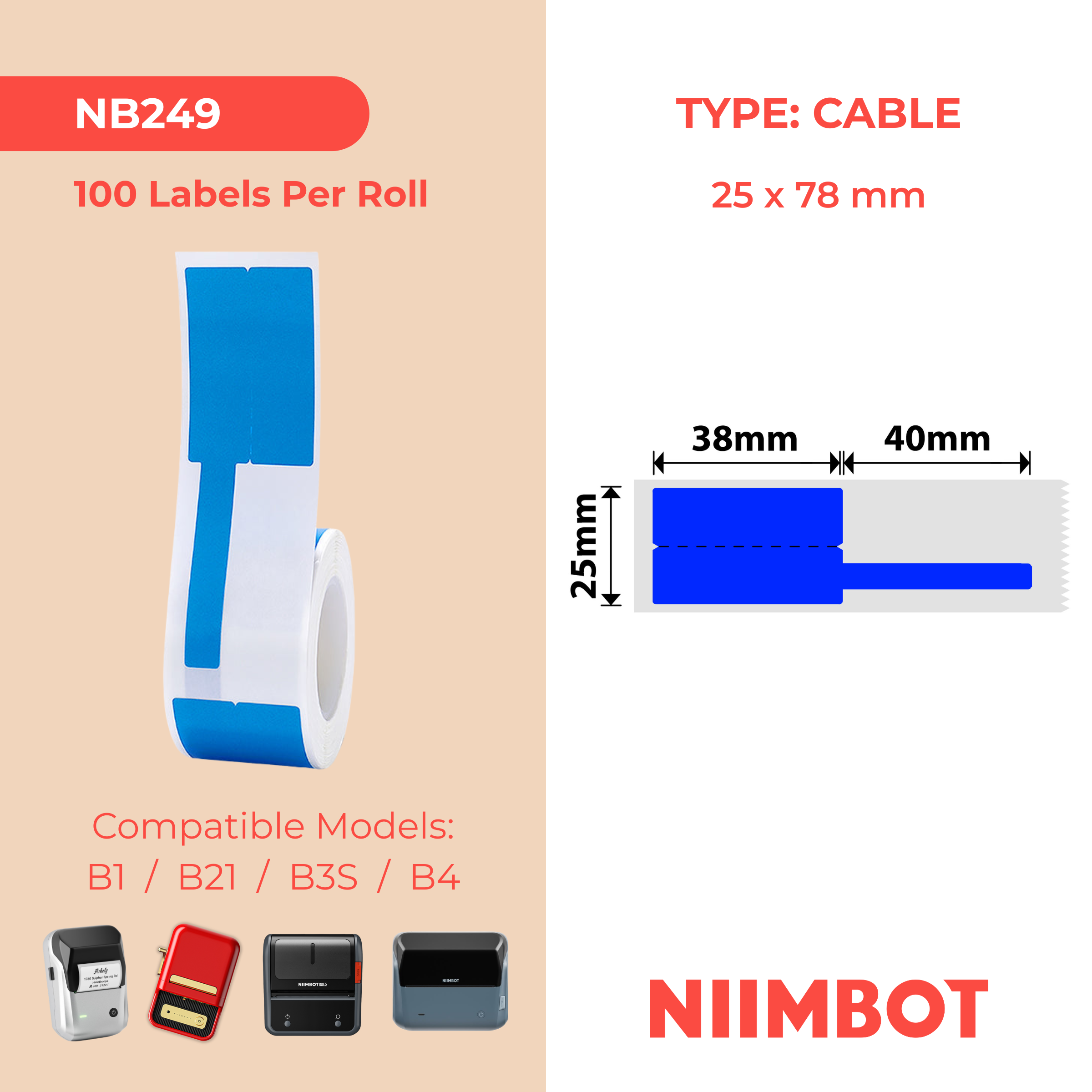 NIIMBOT - B Range - 25x78mm - Blue Cable - 100 Labels