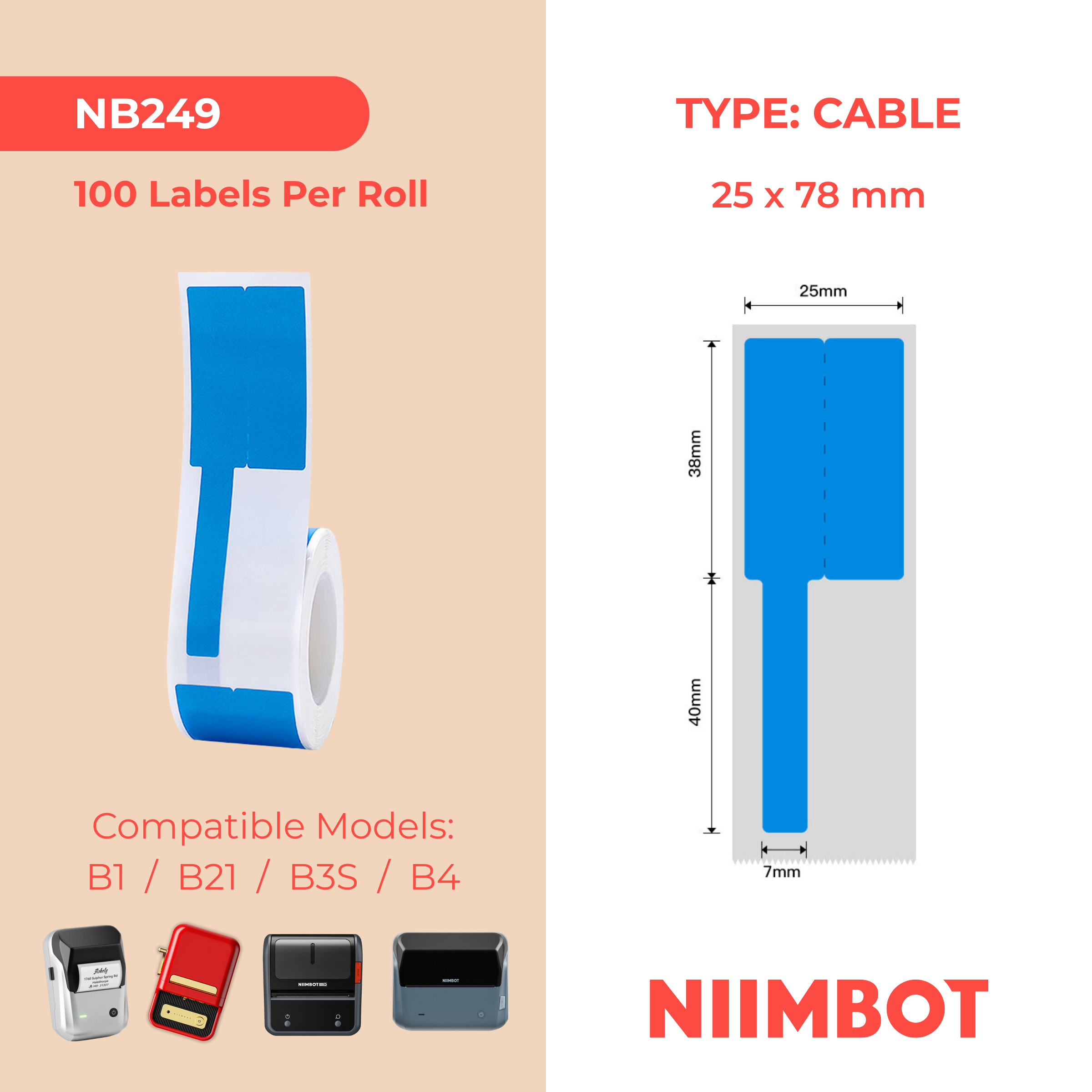 NB249 - NIIMBOT - B1 / B21 / B3S / B4 - R02F - 25X78MM (25X38+40X7) - 100 BLUE THERMAL LABELS - CABLE