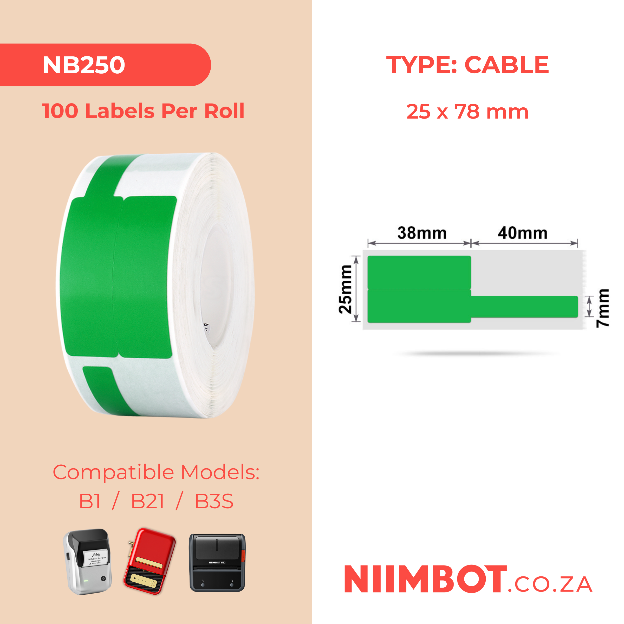 NB250 - NIIMBOT - B1 / B21 / B3S - 25*78MM - 100 LABELS PER ROLL - CABLE / JEWELLERY - GREEN