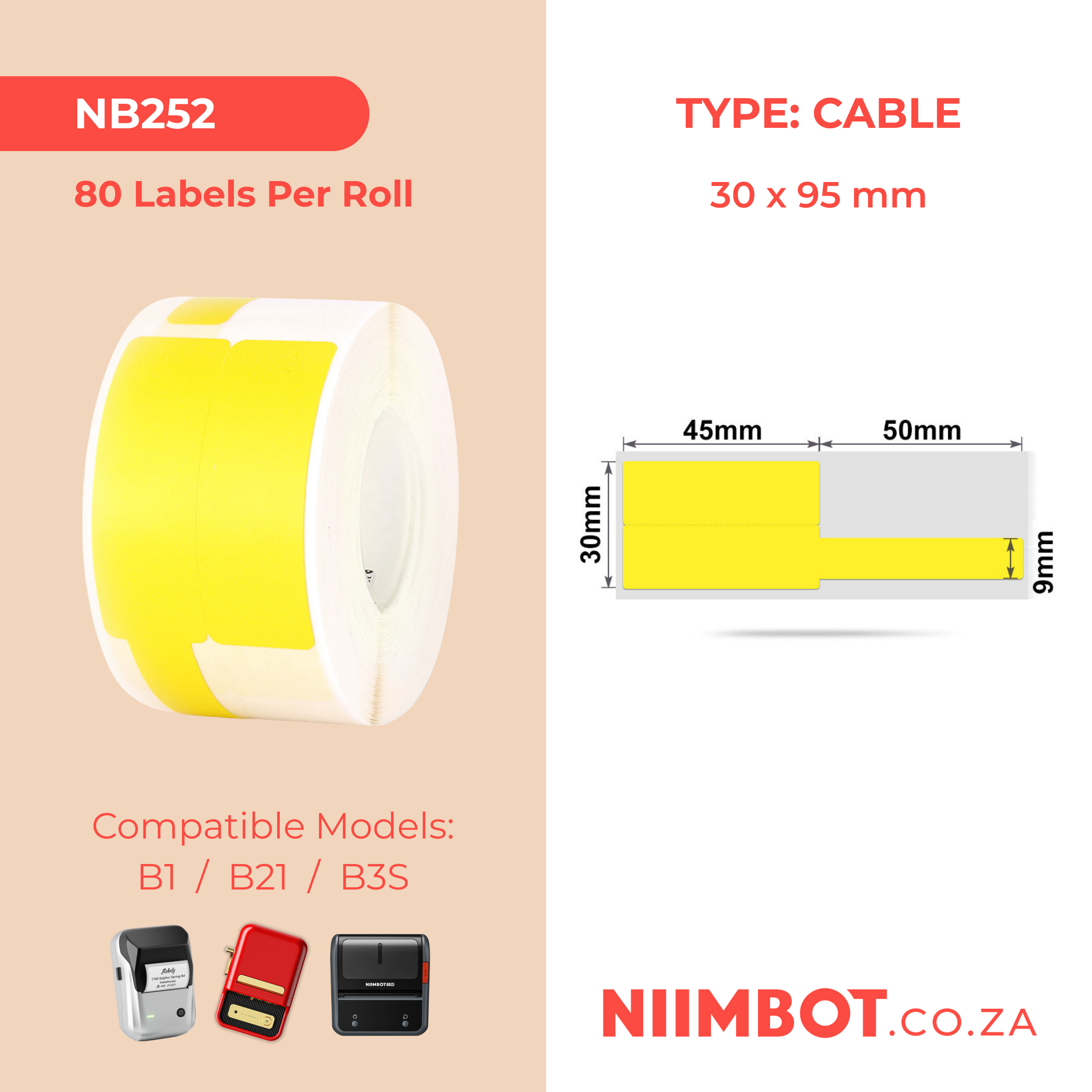 NB252 - NIIMBOT - B1 / B21 / B3S - 30*95MM - 100 LABELS PER ROLL - CABLE / JEWELLERY - YELLOW