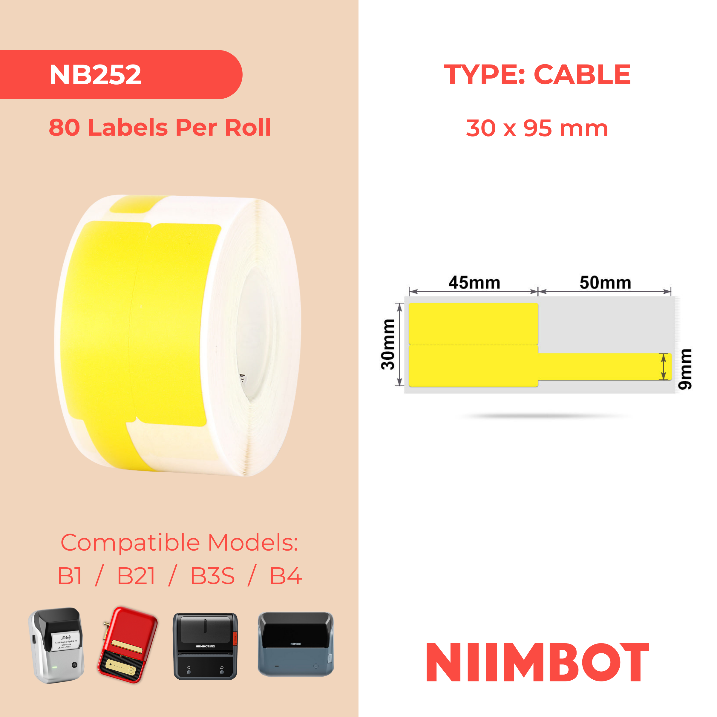 NIIMBOT - B Range - 30x95mm - Yellow Cable - 80 Labels