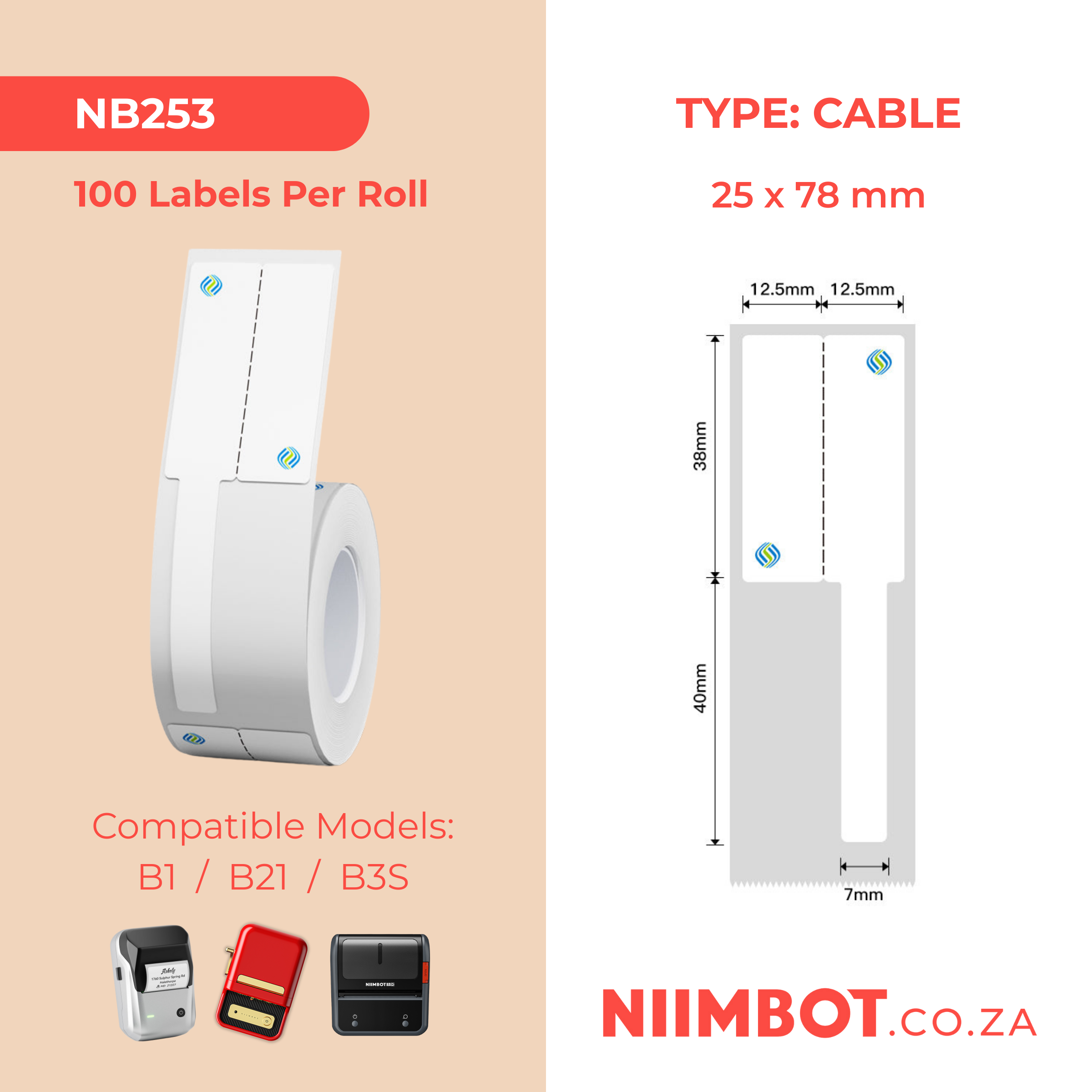 NB253 - NIIMBOT - B1 / B21 / B3S - R02F - 25*78MM (25X38+40X7) - 100 LABELS PER ROLL - CMC LOGO - CABLE DESIGN