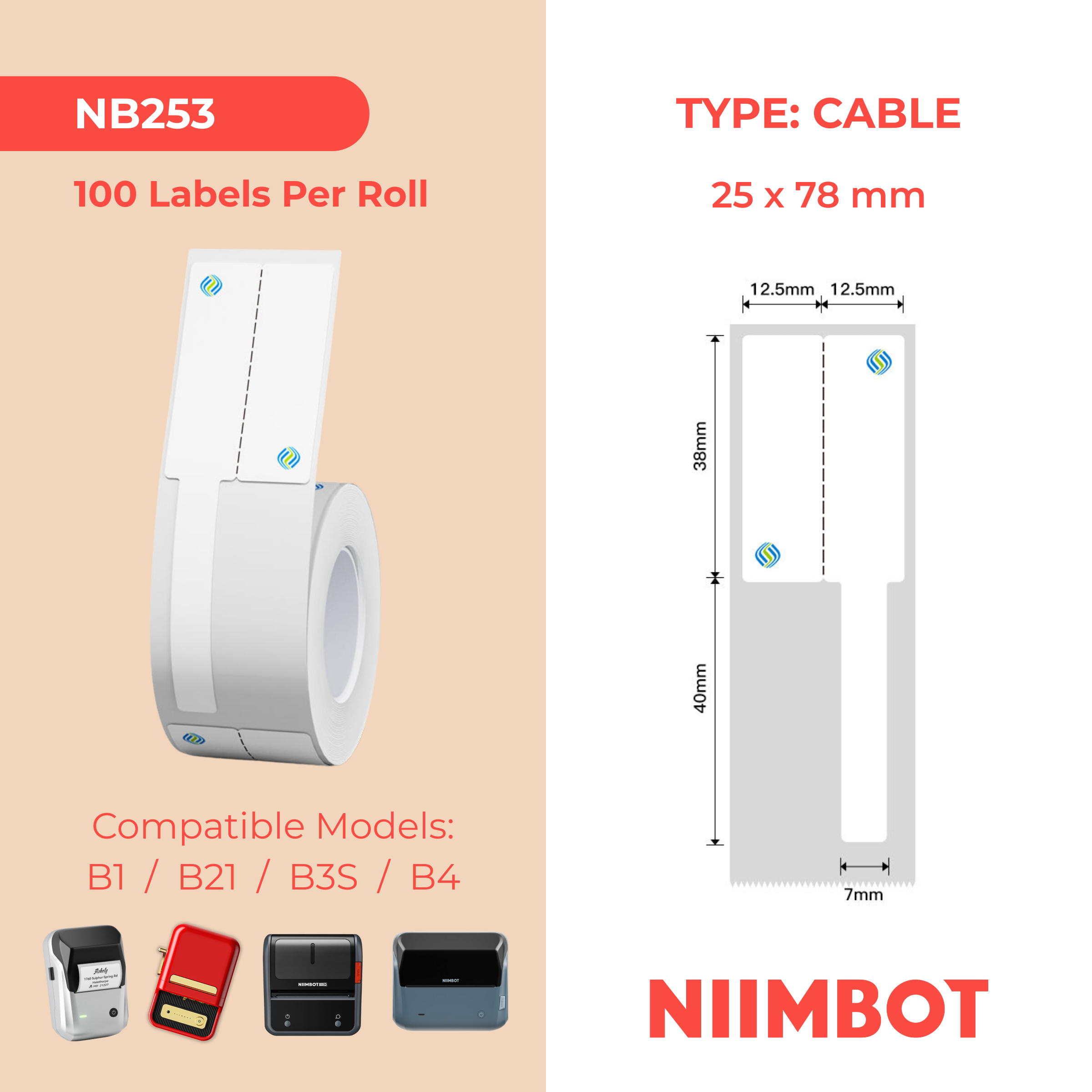 NB253 - NIIMBOT - B1 / B21 / B3S / B4 - 25X78MM - 100 CMC LOGO CABLE LABELS