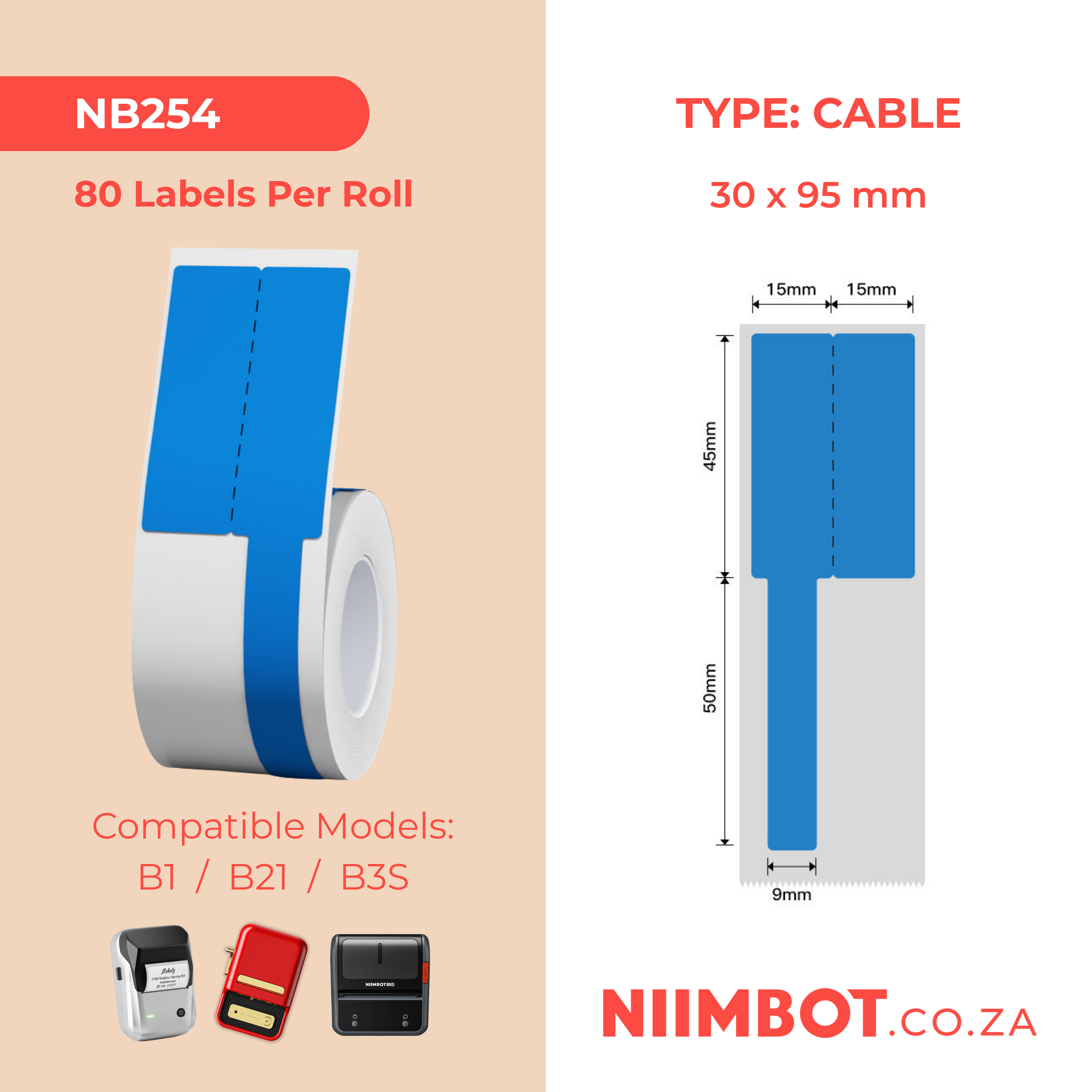 NB254 - NIIMBOT - B1 / B21 / B3S - R03F - 30*95MM (30X45+50X9) - 80 BLUE THERMAL LABELS - CABLE DESIGN