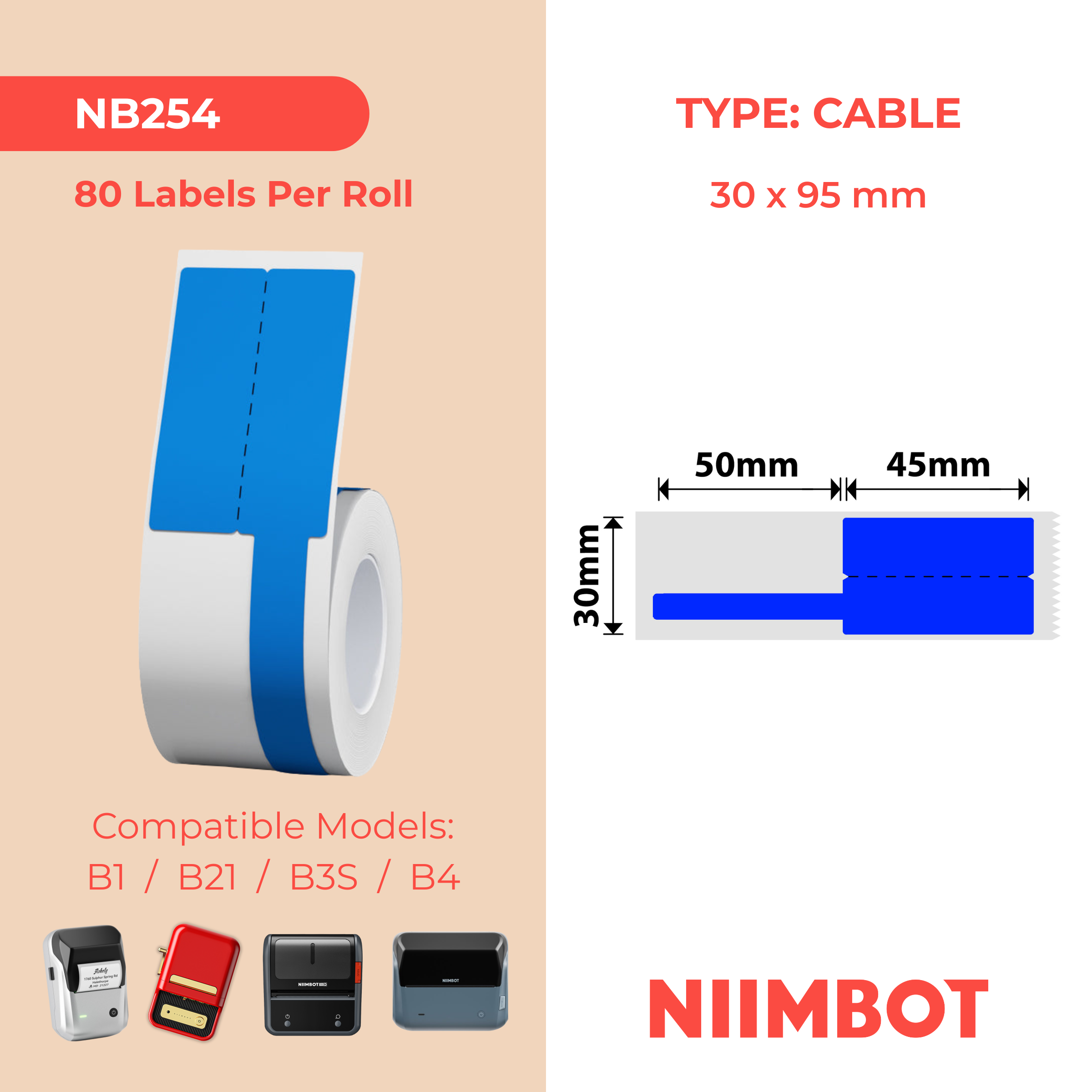 NB254 - NIIMBOT - B1 / B21 / B3S / B4 - 30X95MM - 80 BLUE CABLE LABELS