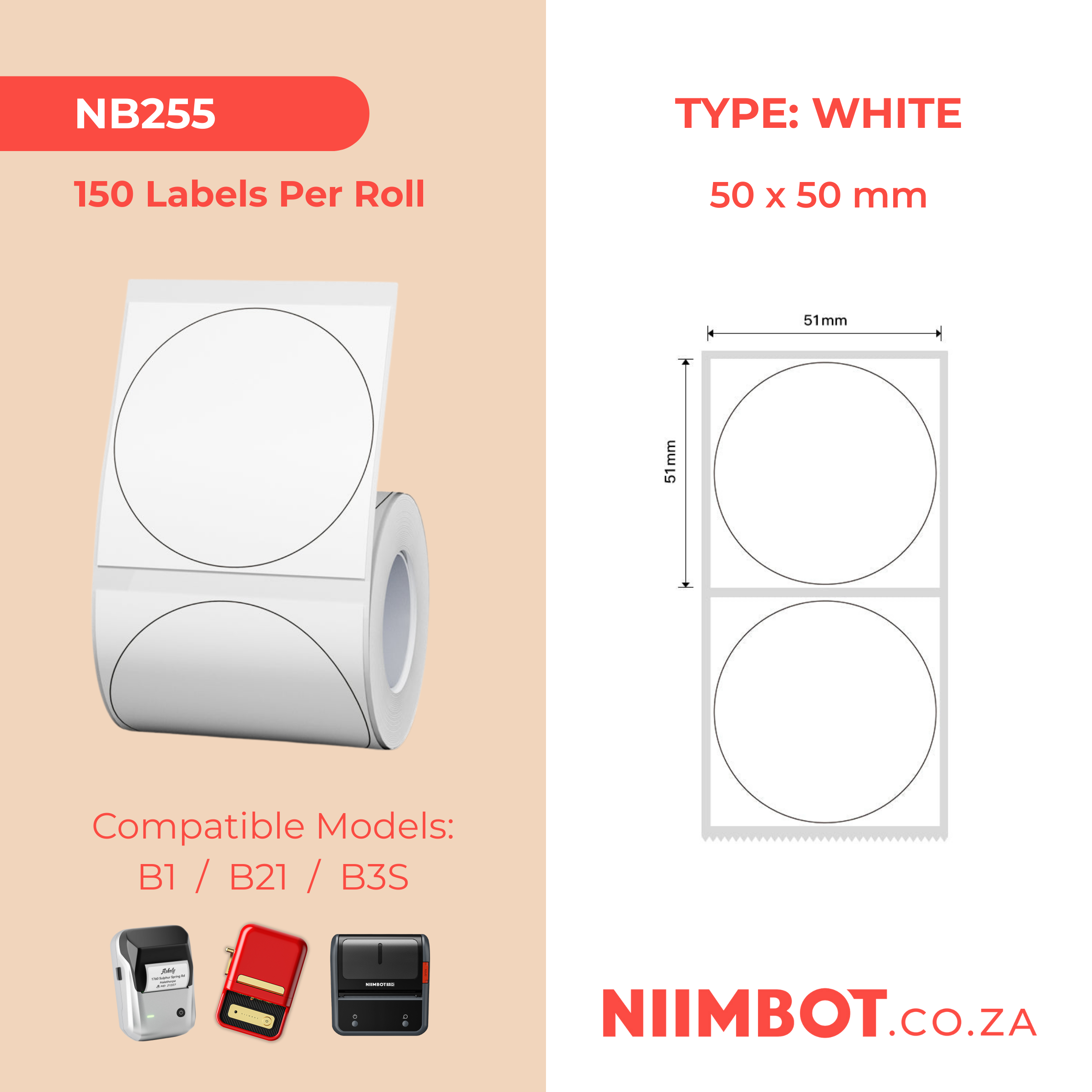 NB255 - NIIMBOT - B1 / B21 / B3S - T50*50MM - 150 LABELS PER ROLL - ROUND - WHITE