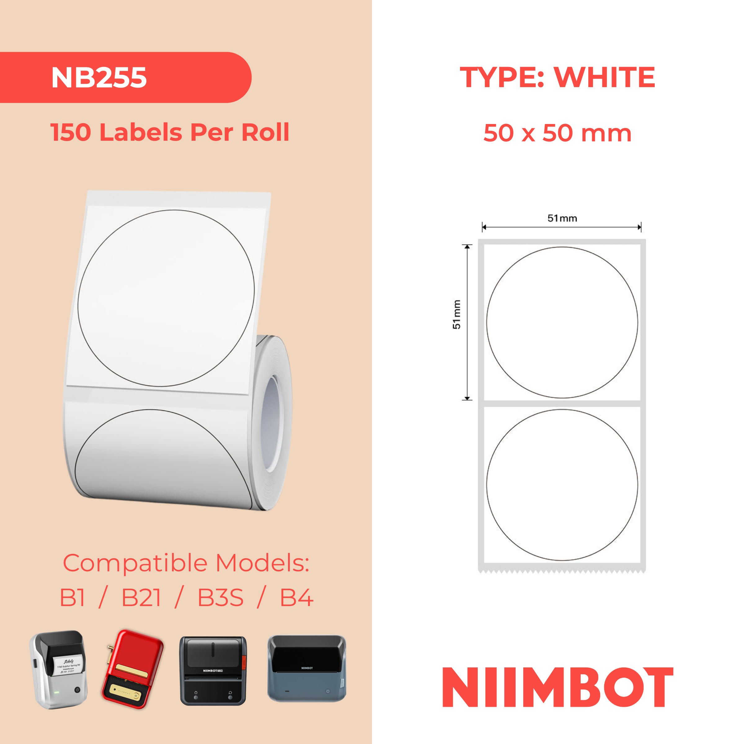 NB255 - NIIMBOT - B1 / B21 / B3S / B4 - T50X50MM - 150 LABELS PER ROLL - ROUND - WHITE