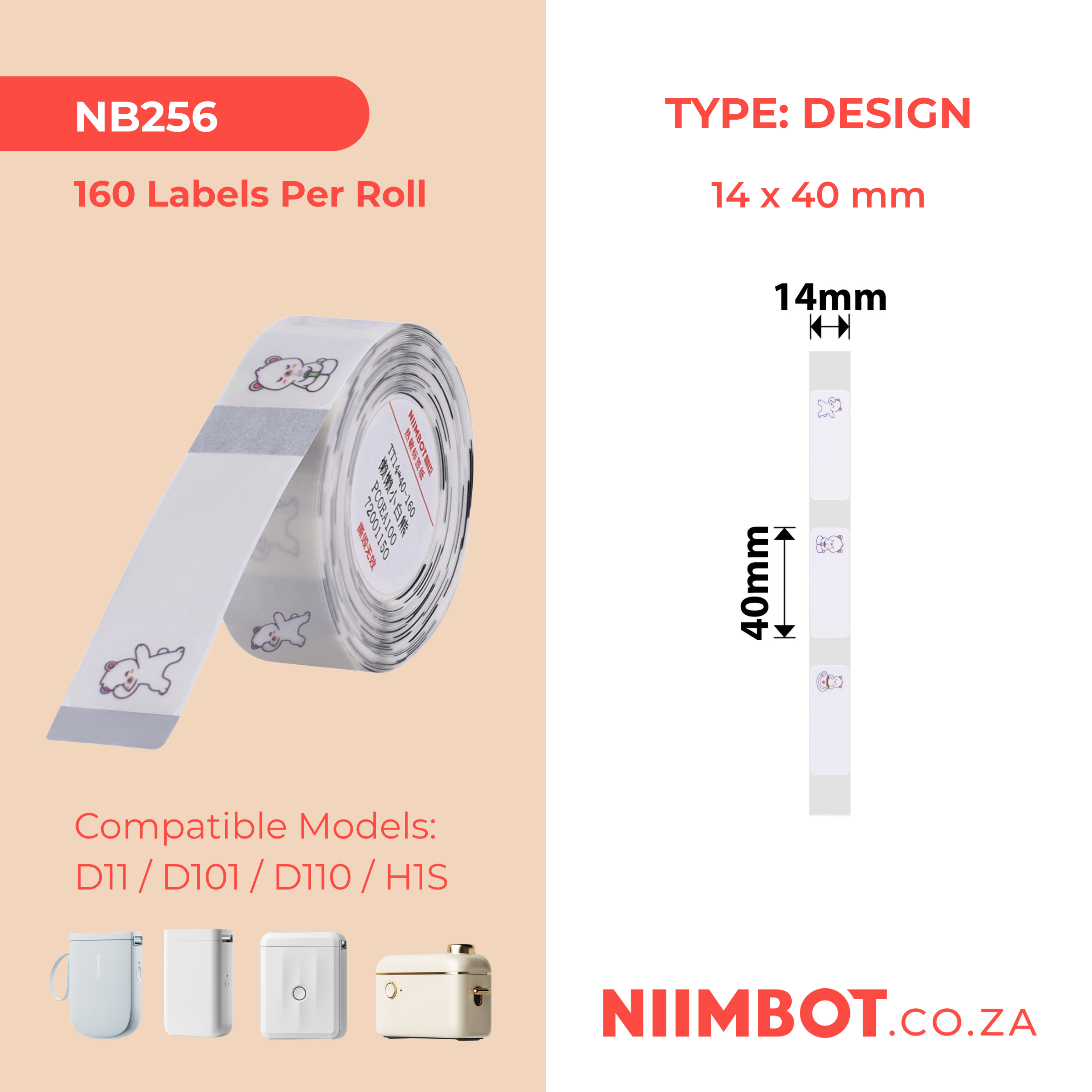 NB256 - NIIMBOT - D11 / D101 / D110 - ER14*40 - 160 LABELS PER ROLL - LAZY BEAR DESIGN