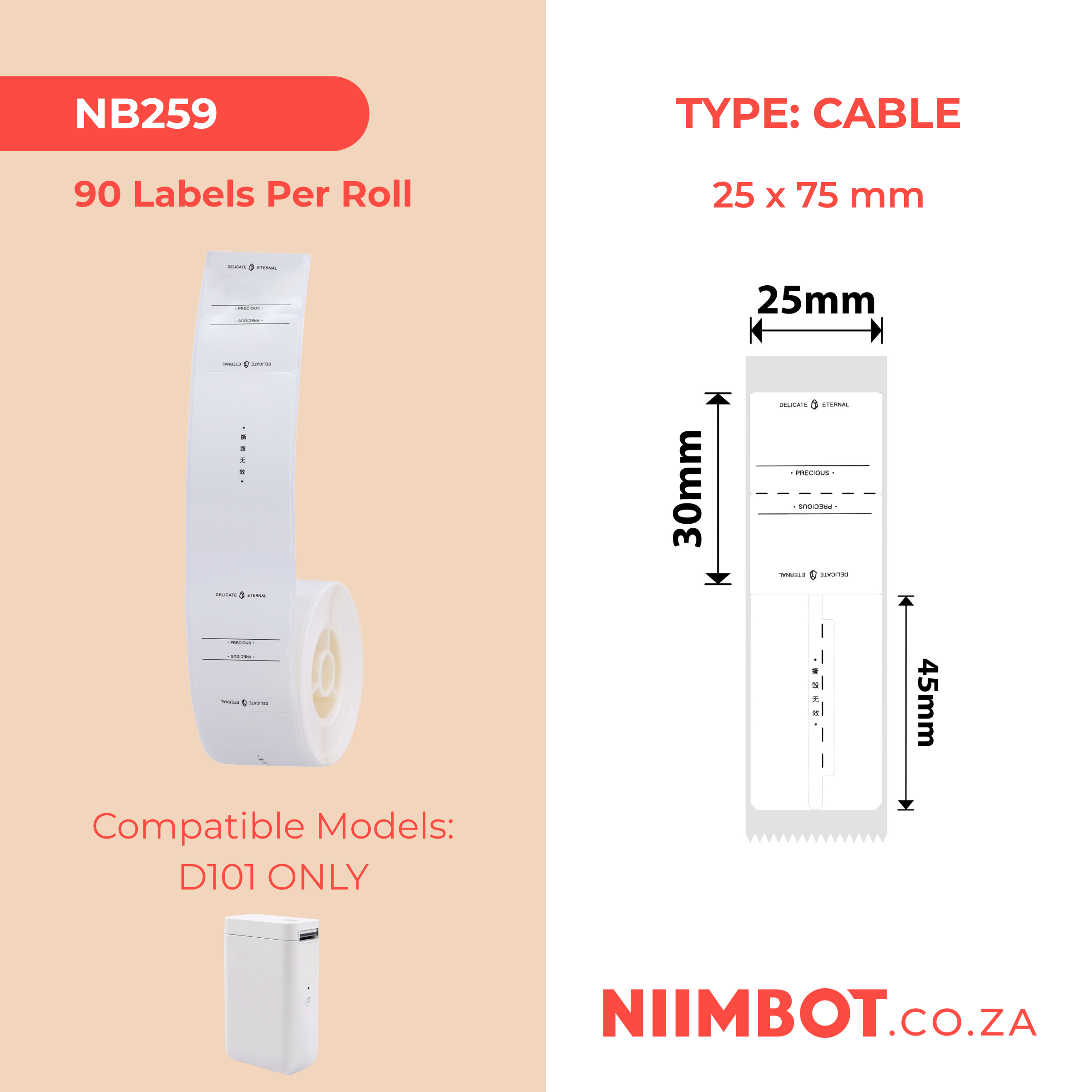 NB259 - NIIMBOT - D101 ONLY - R02T-25*75 - 90 LABELS PER ROLL - JEWELLERY TAG ETERNAL DESIGN