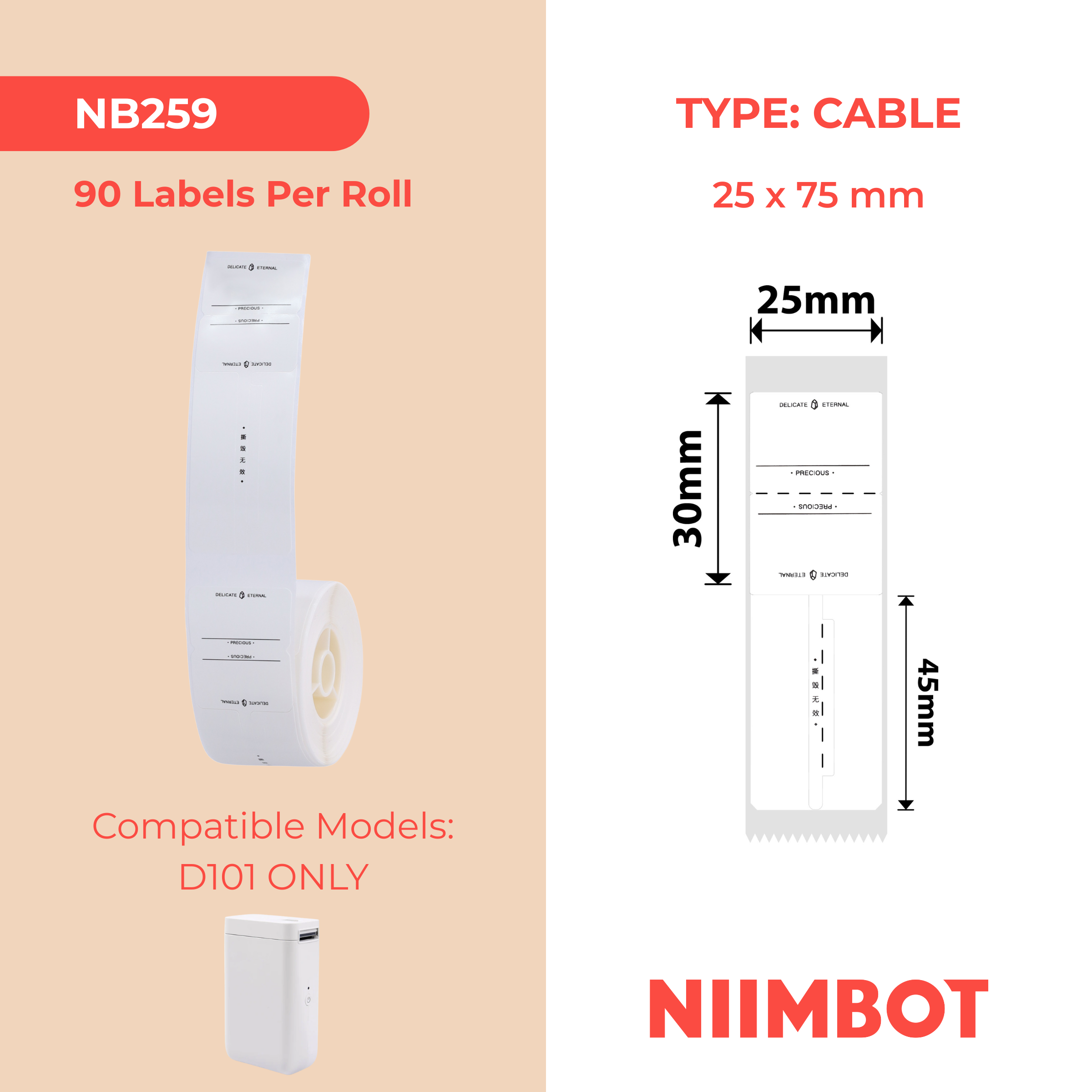 NB259 - NIIMBOT - SLEGS D101 - R02T-25*75 - 90 ETIKETTE PER ROL - JUWELE-ETIKET EWIGE ONTWERP