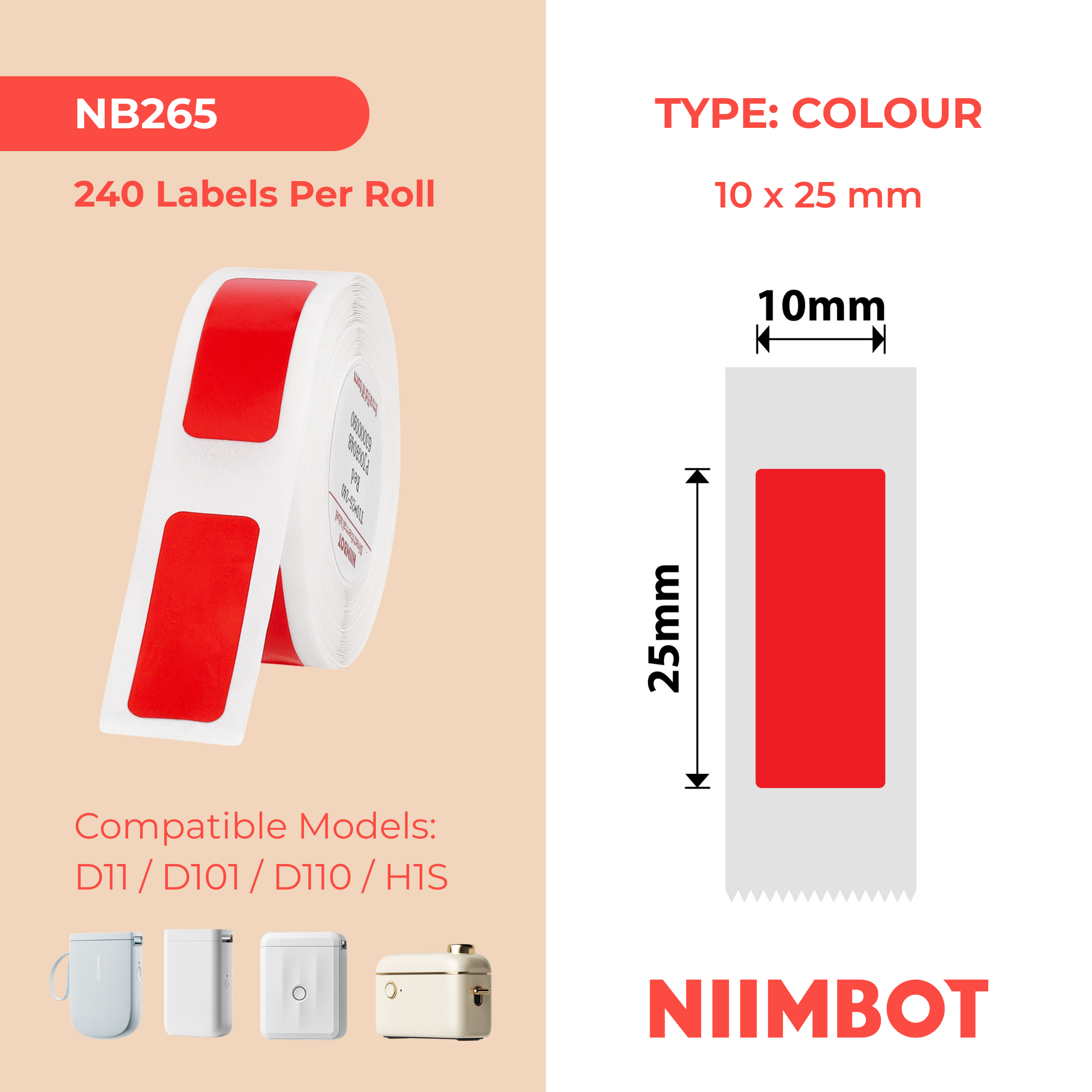 NIIMBOT - D Range - 10x25mm - Red - 225 Labels
