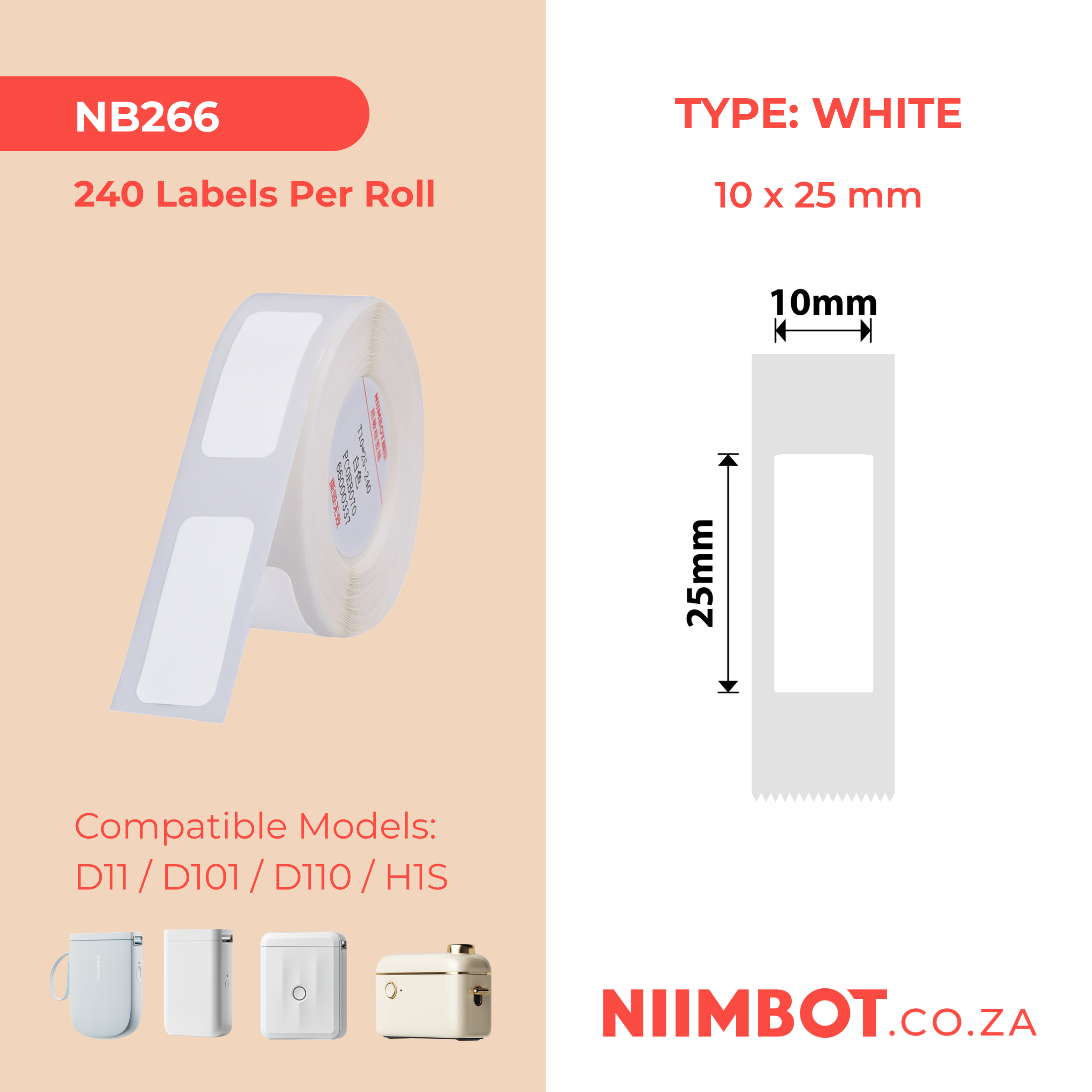 NB266 - NIIMBOT - D11 / D101 / D110 - R10*25 - 240 LABELS PER ROLL - WHITE