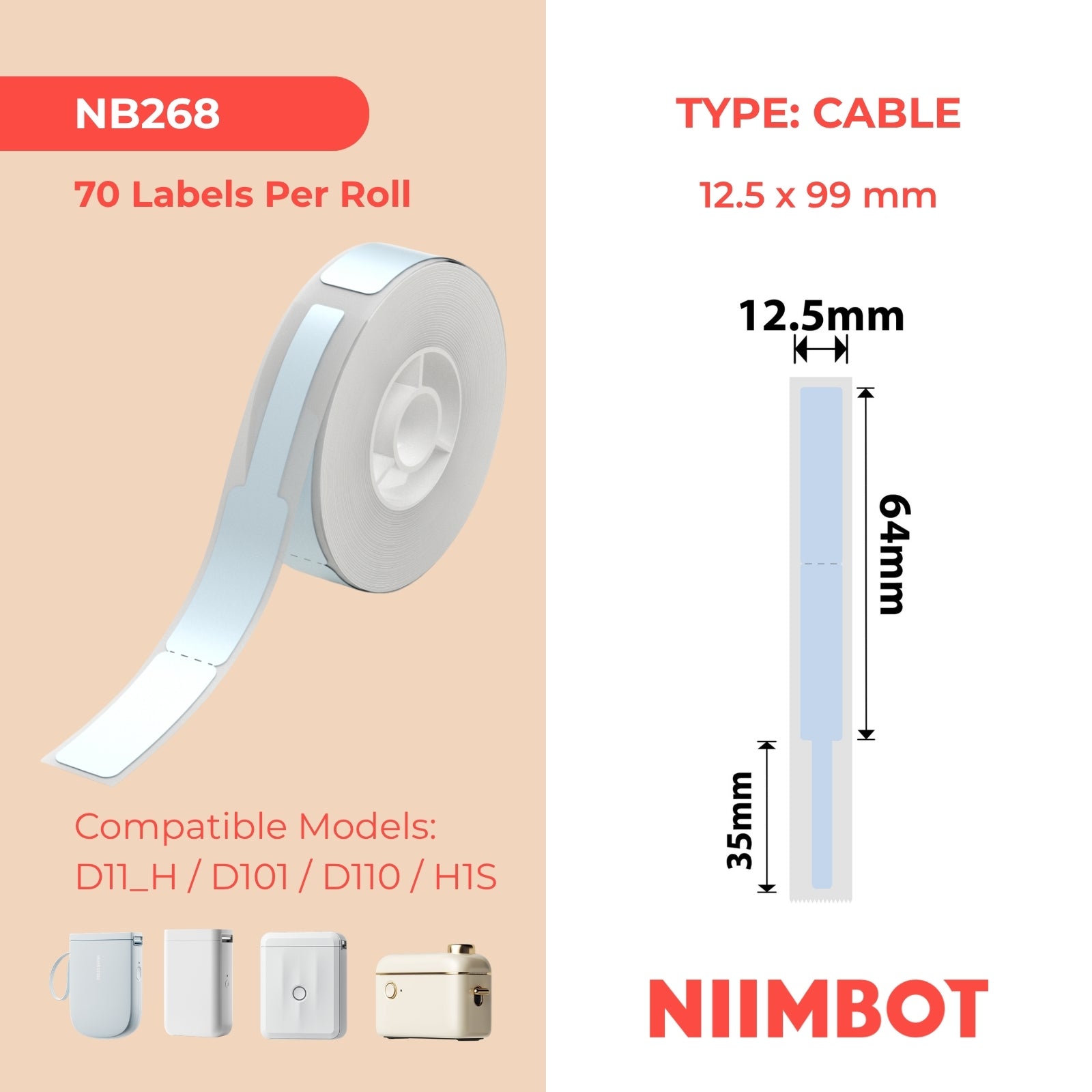 NB268 - NIIMBOT - D11 / D101 / D110 - R12.5*99 - 70 ETIKETTE PER ROL - BLOU WOLKONTWERP