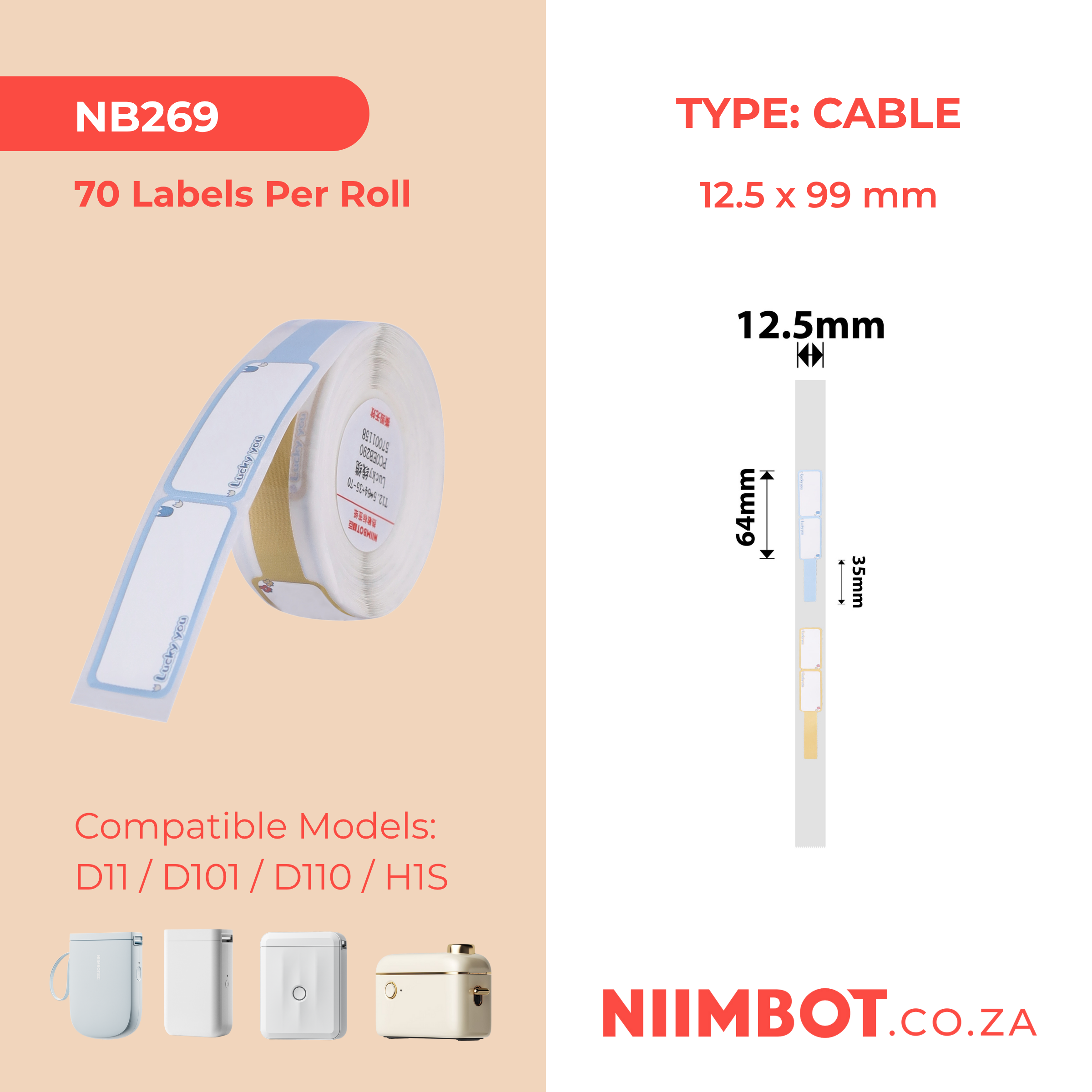 NB269 - NIIMBOT - D11 / D101 / D110 - R12.5*99- 70 LABELS PER ROLL- LUCKY YOU DESIGN