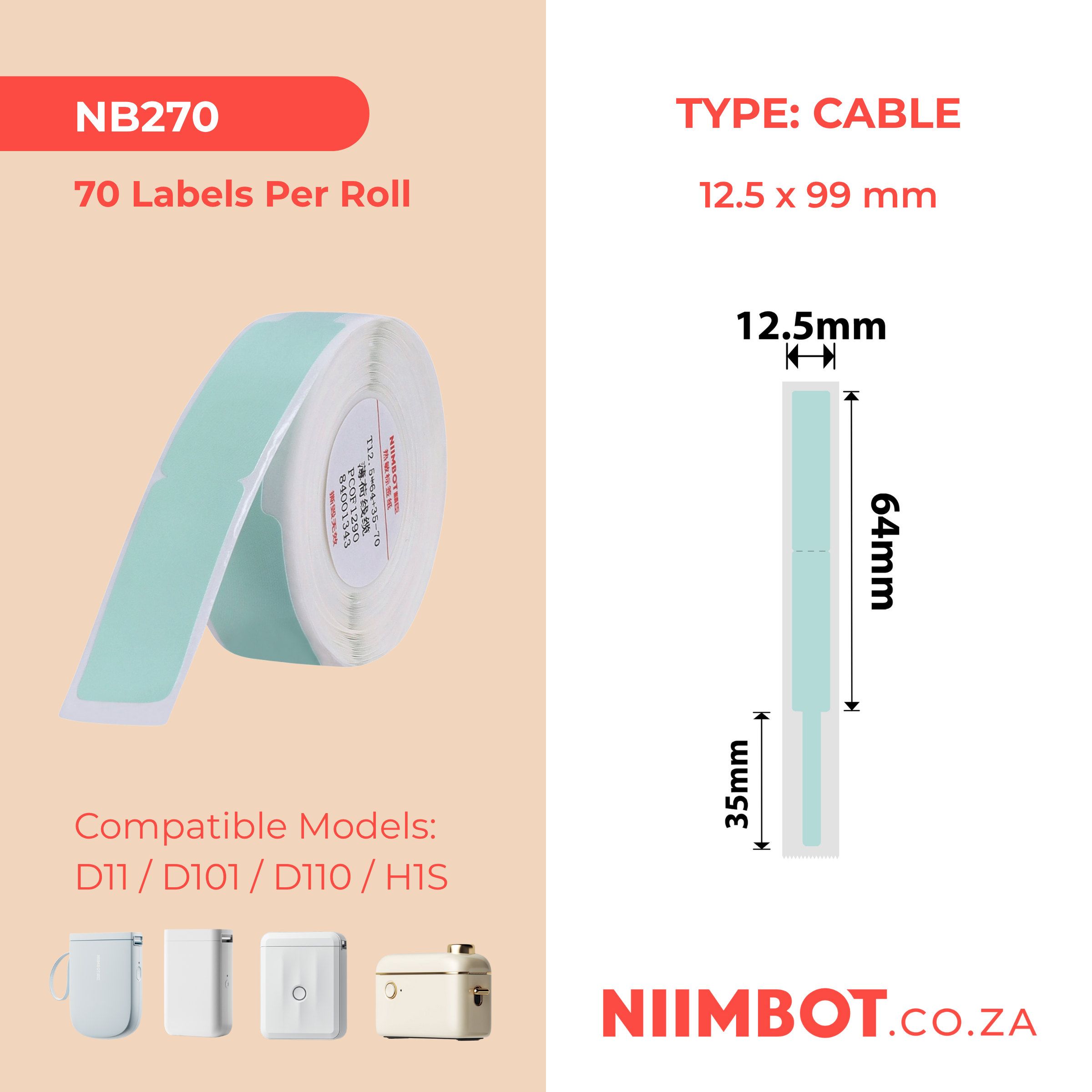 NB270 - NIIMBOT - D11 / D101 / D110 - R12.5*99 - 70 LABELS PER ROLL - MINT CABLE DESIGN