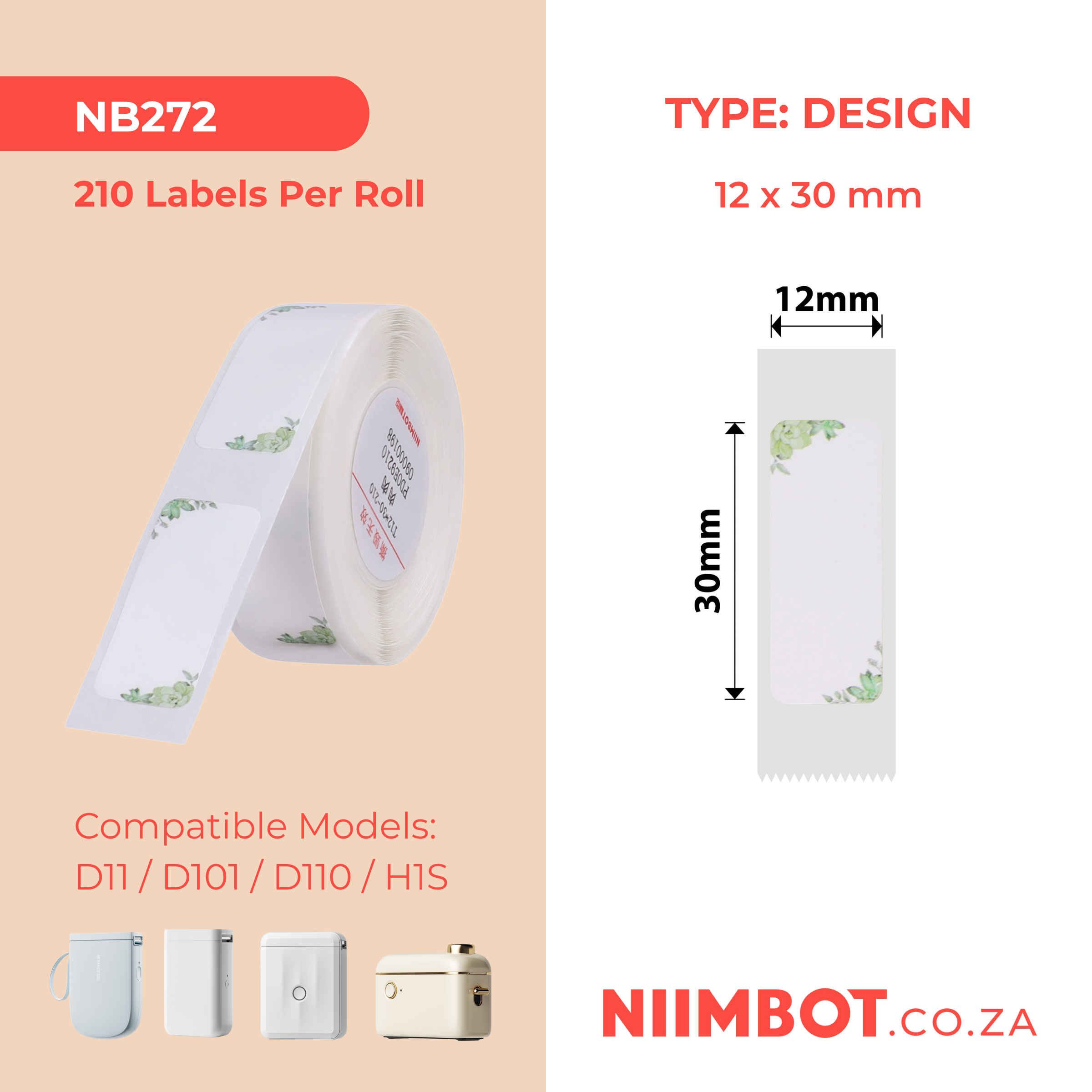 NB272 - NIIMBOT - D11 / D101 / D110 - R12*30 - 210 LABELS PER ROLL - GREEN LEAVES DESIGN