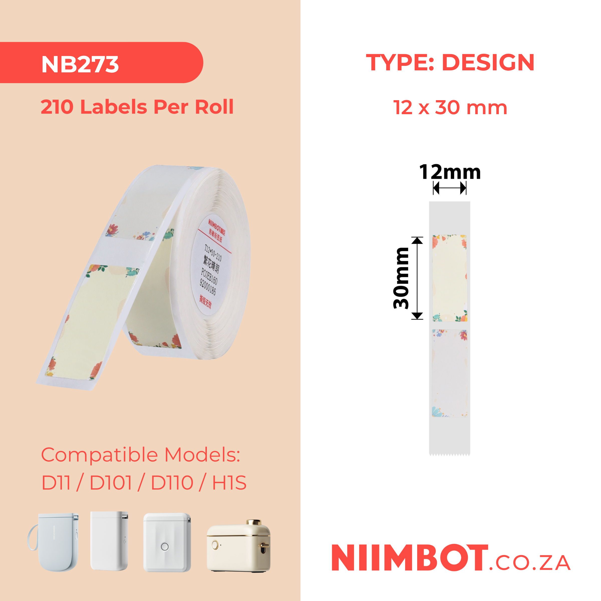NB273 - NIIMBOT - D11 / D101 / D110 - R12*30 - 210 LABELS PER ROLL - FLOWERS DESIGN