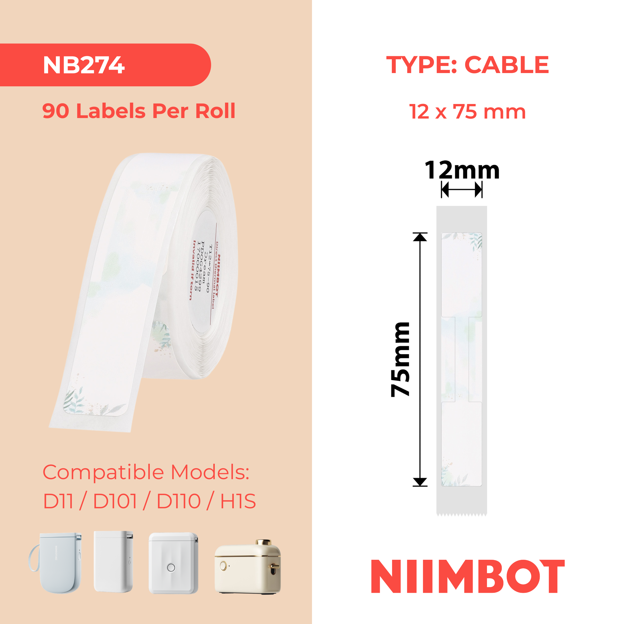 NIIMBOT - D Range - 12x75mm - Dream Cable - 90 Labels