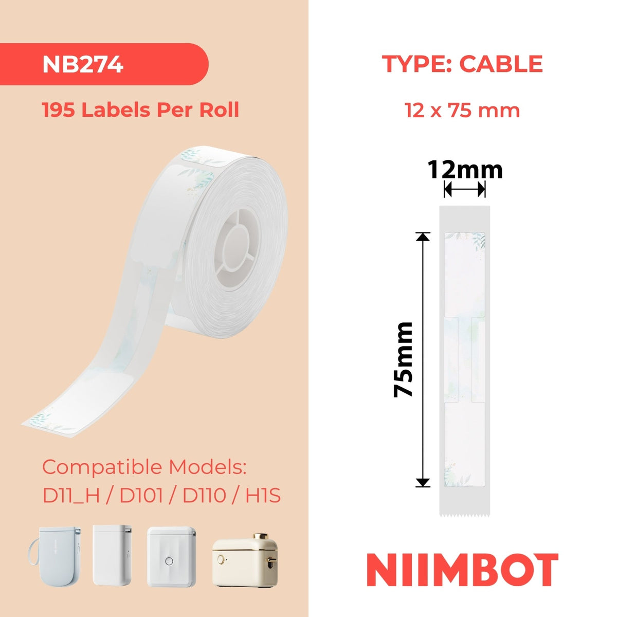 NIIMBOT - D Range - 12x75mm - Dream Cable - 90 Labels