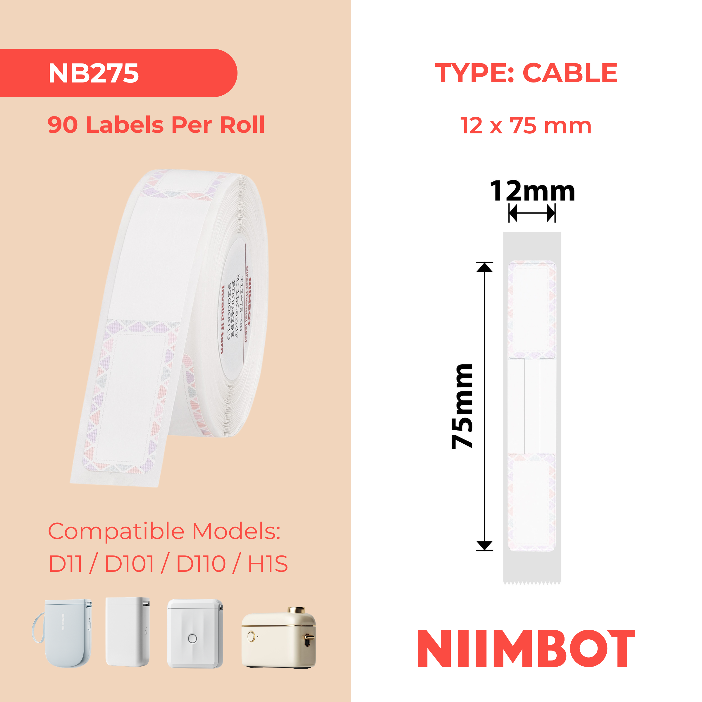 NIIMBOT - D Range - 12x75mm - Milk Candy Cable - 90 Labels