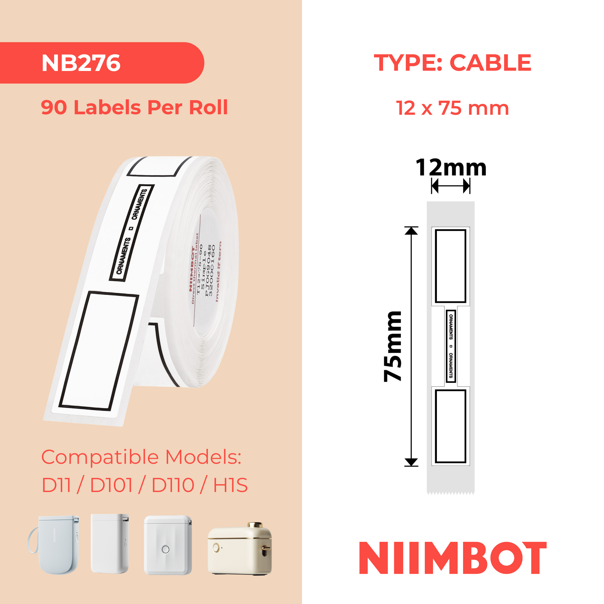 NIIMBOT - D Range - 12x75mm - Simple Cable - 90 Labels