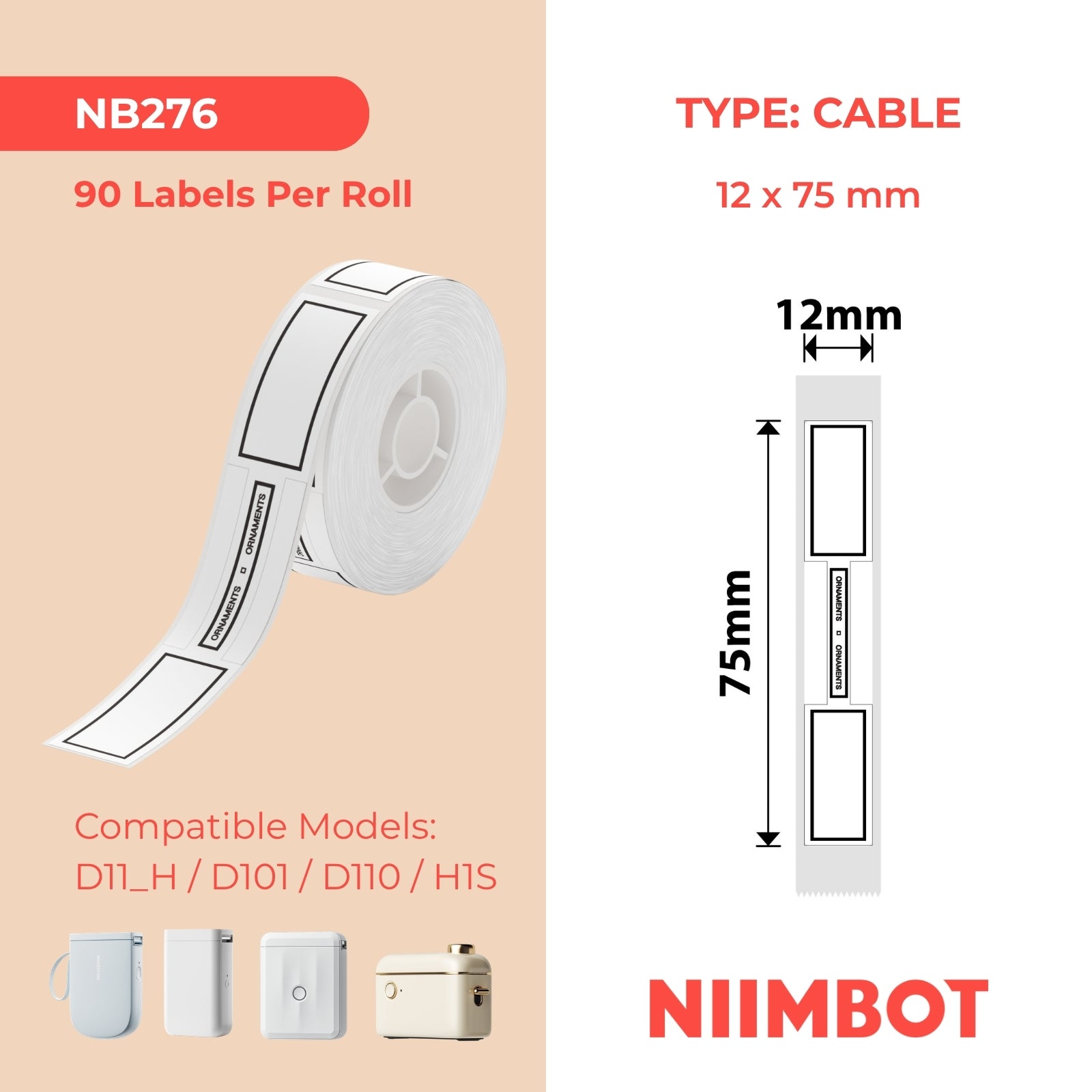 NIIMBOT - D Range - 12x75mm - Simple Cable - 90 Labels