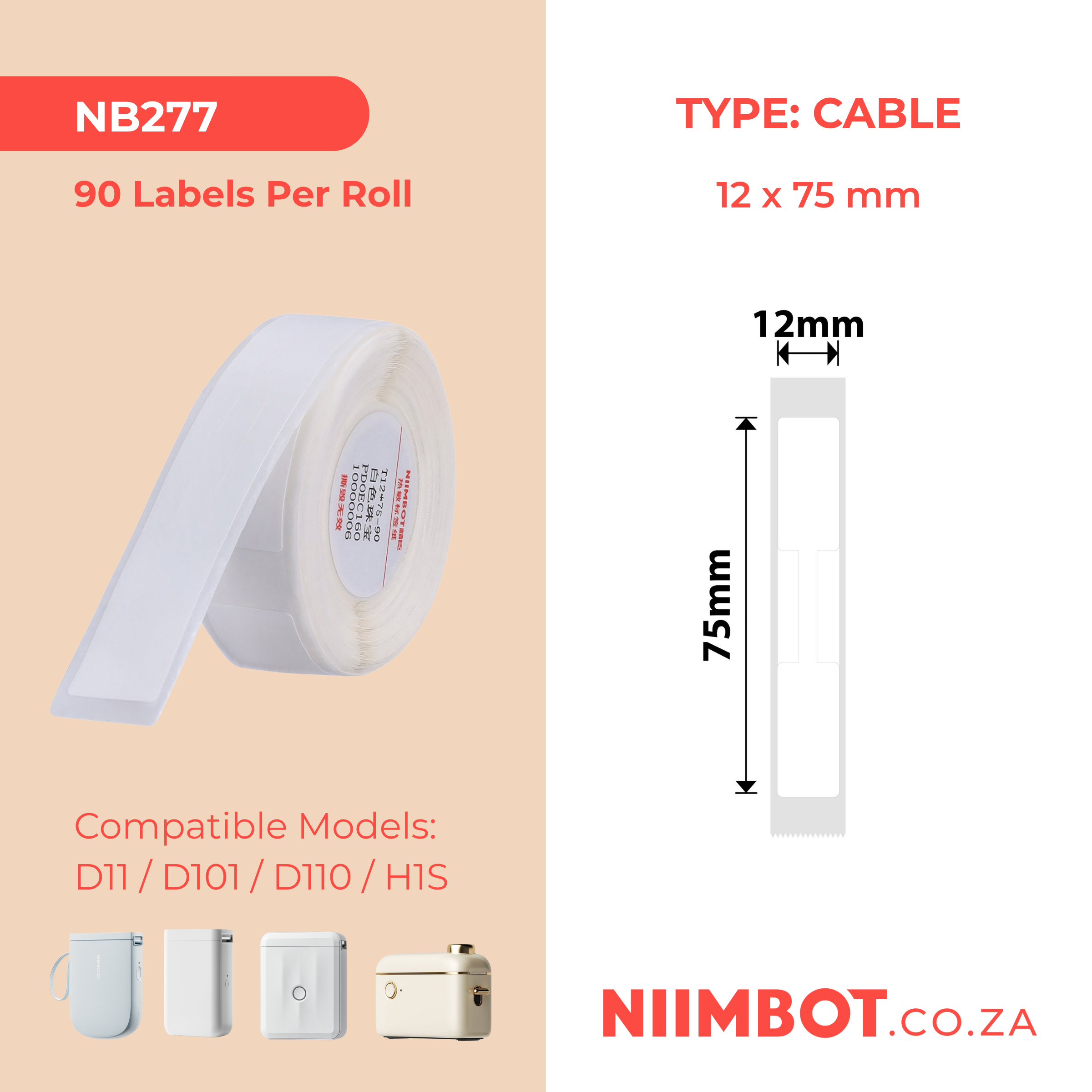 NB277 - NIIMBOT - D11 / D101 / D110 - R12*75 - 90 LABELS PER ROLL - JEWELLERY - WHITE