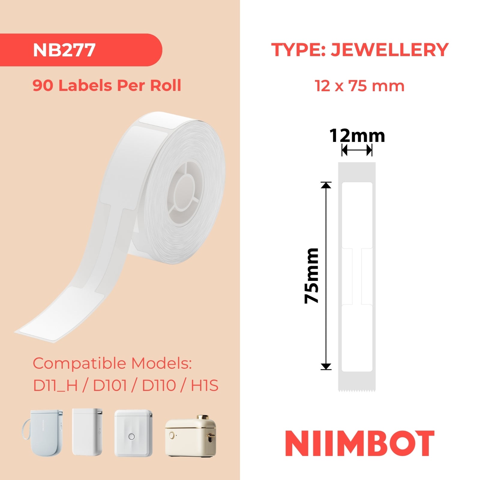 NIIMBOT - D Range - 12x75mm - White Jewellery - 90 Labels