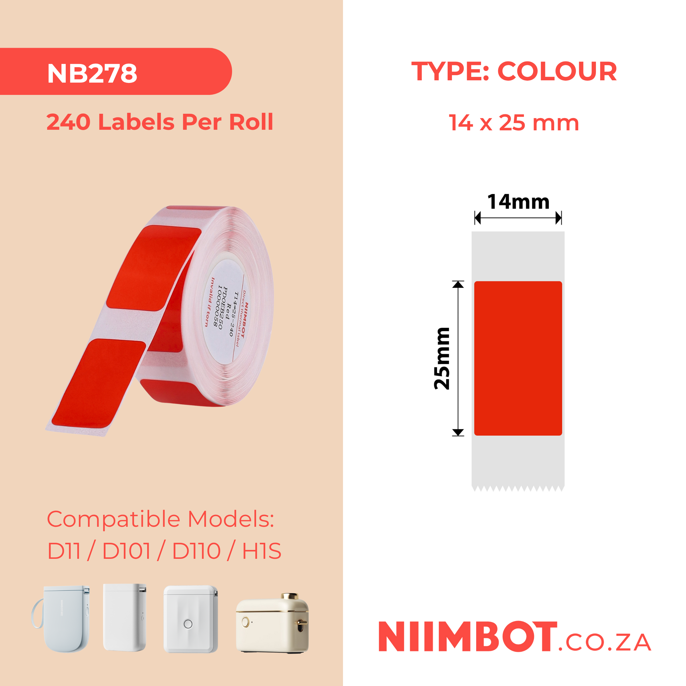 NB278 - NIIMBOT - D11 / D101 / D110 - R14*25 - 240 LABELS PER ROLL - RED DESIGN