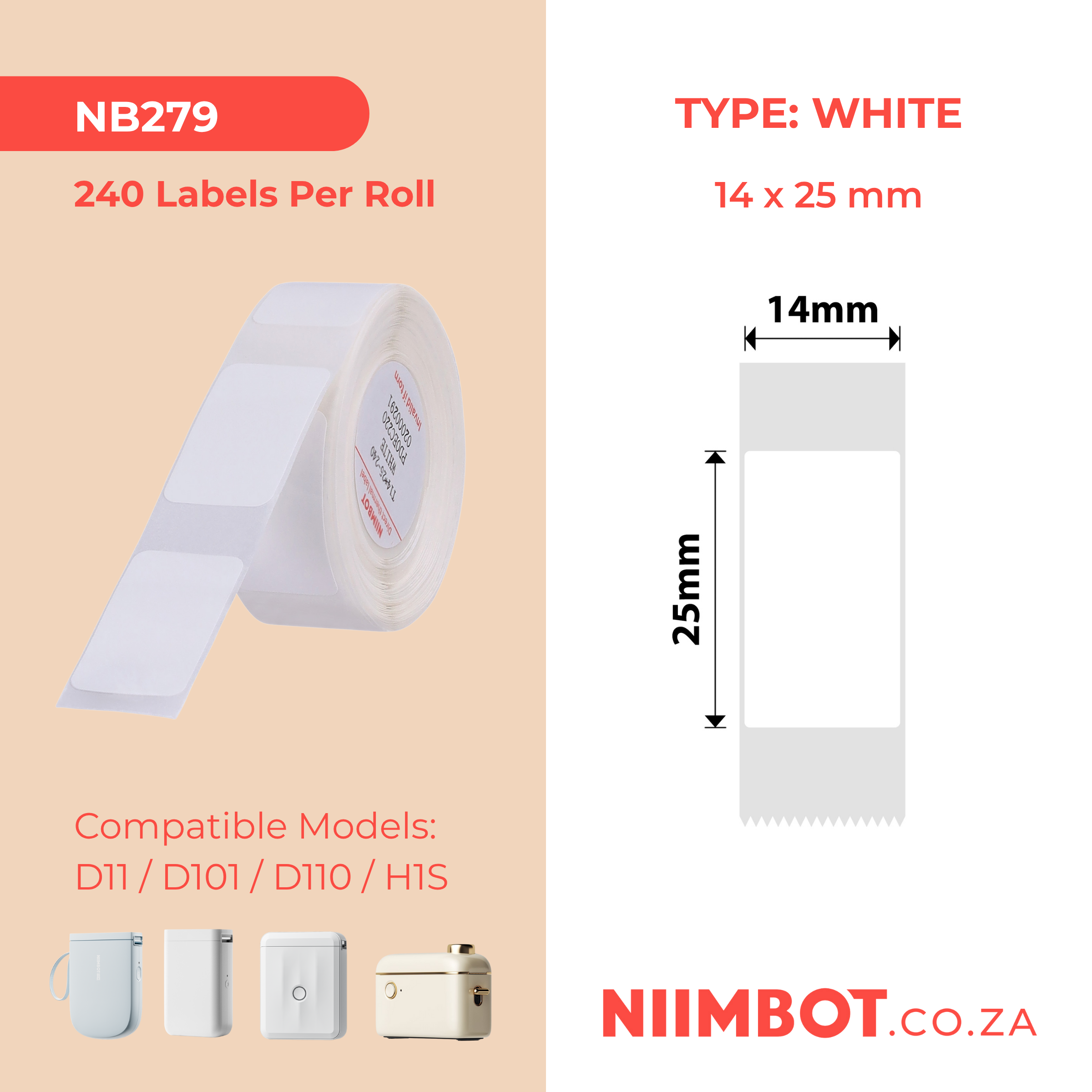 NB279 - NIIMBOT - D11 / D101 / D110 - R14*25 - 240 LABELS PER ROLL - WHITE