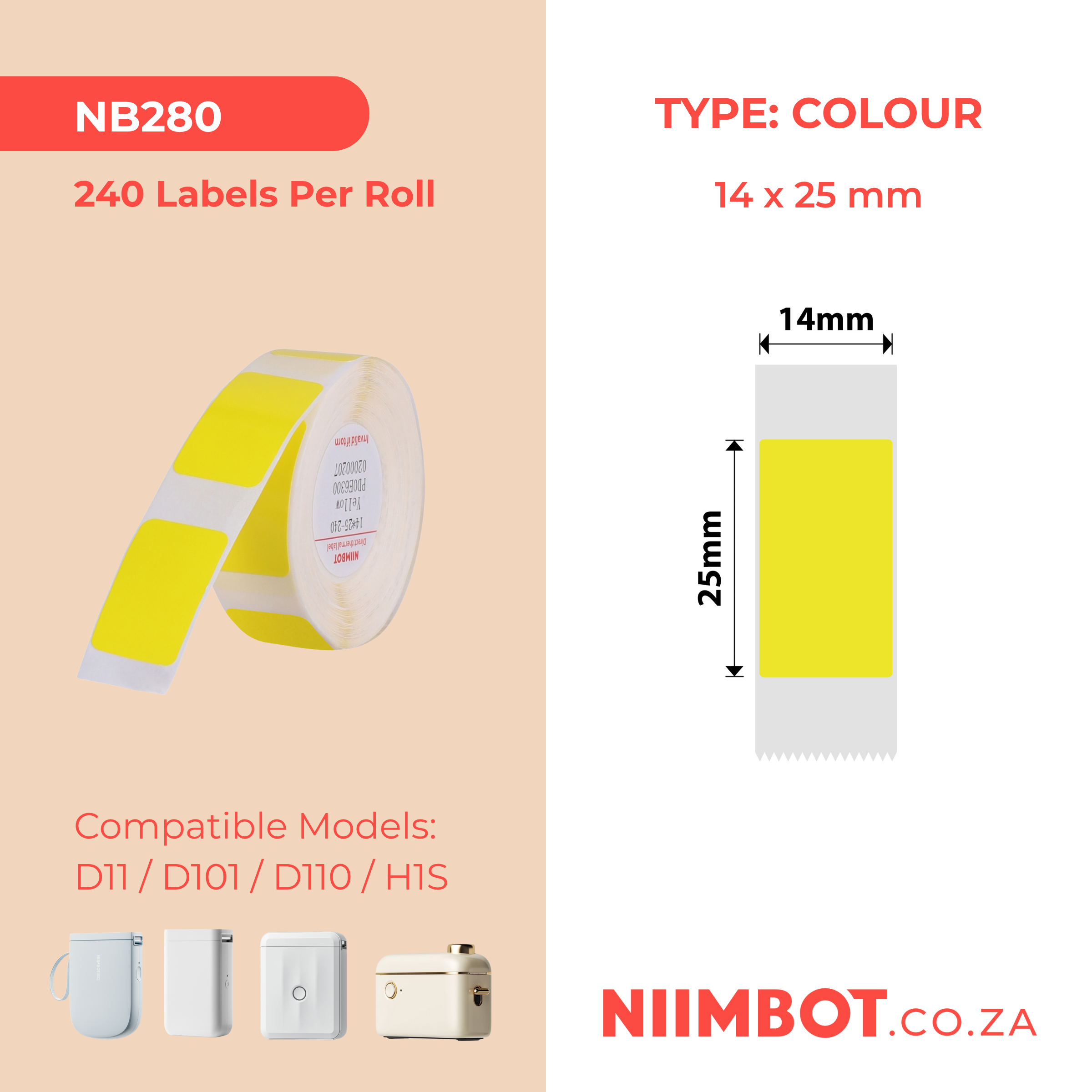 NB280 - NIIMBOT - D11 / D101 / D110 - R14*25 - 240 LABELS PER ROLL - YELLOW DESIGN
