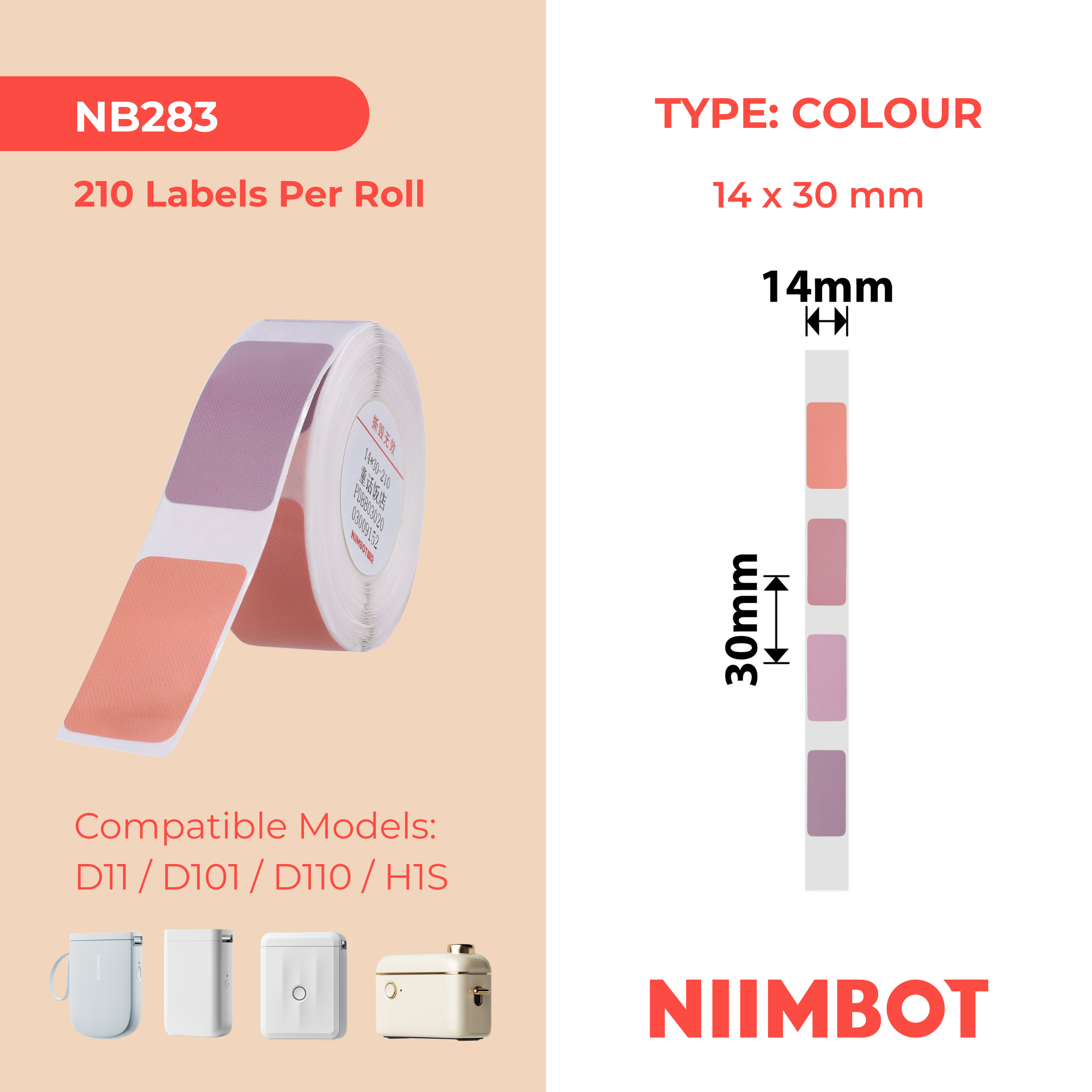 NB283 - NIIMBOT - D11 / D101 / D110 / H1S - R14X30MM - 210 LABELS PER ROLL - PINK (4 COLOURS)