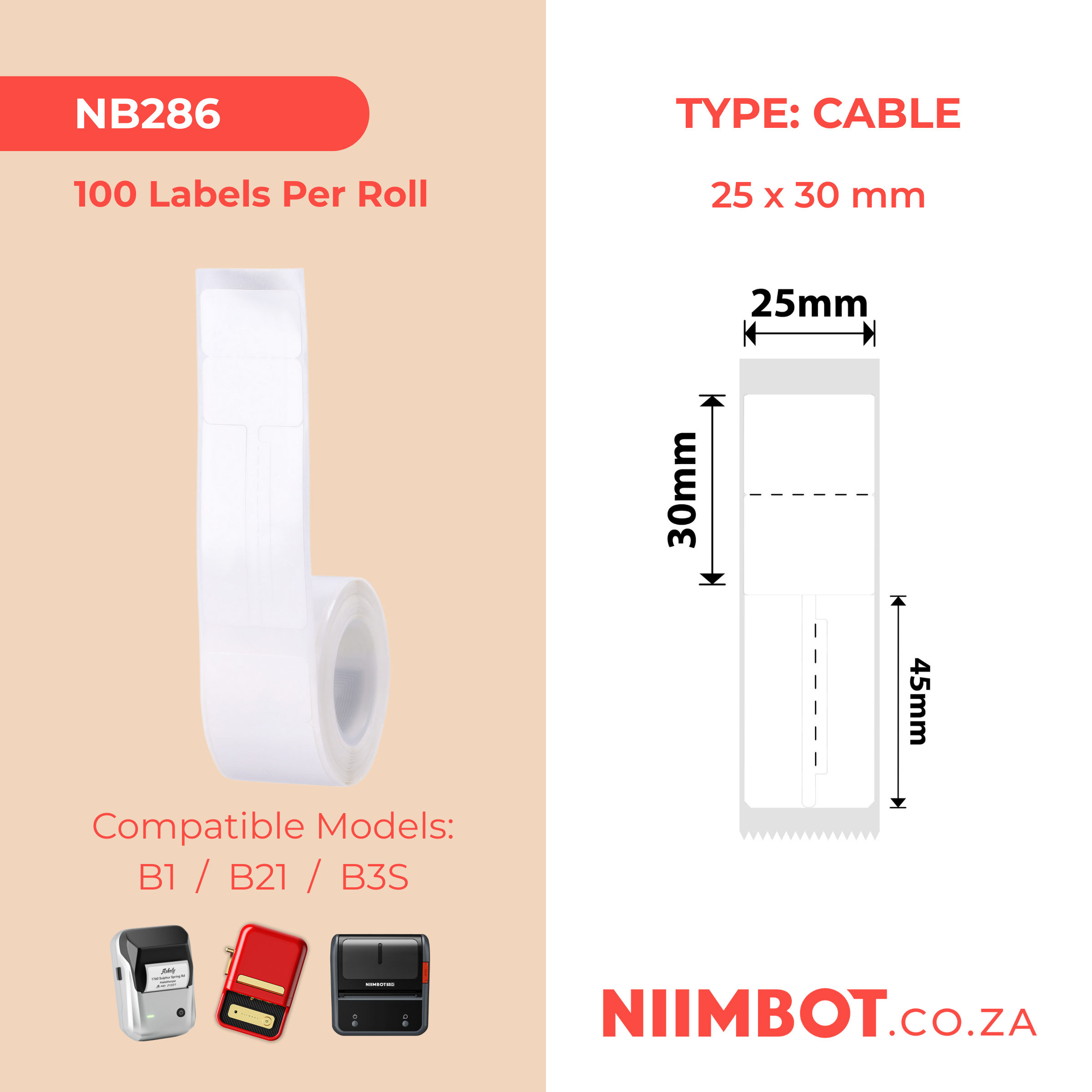 NB286 - NIIMBOT - B1 / B21 / B3S - T25*30+45 - 100 LABELS PER ROLL - JEWELLERY - WHITE