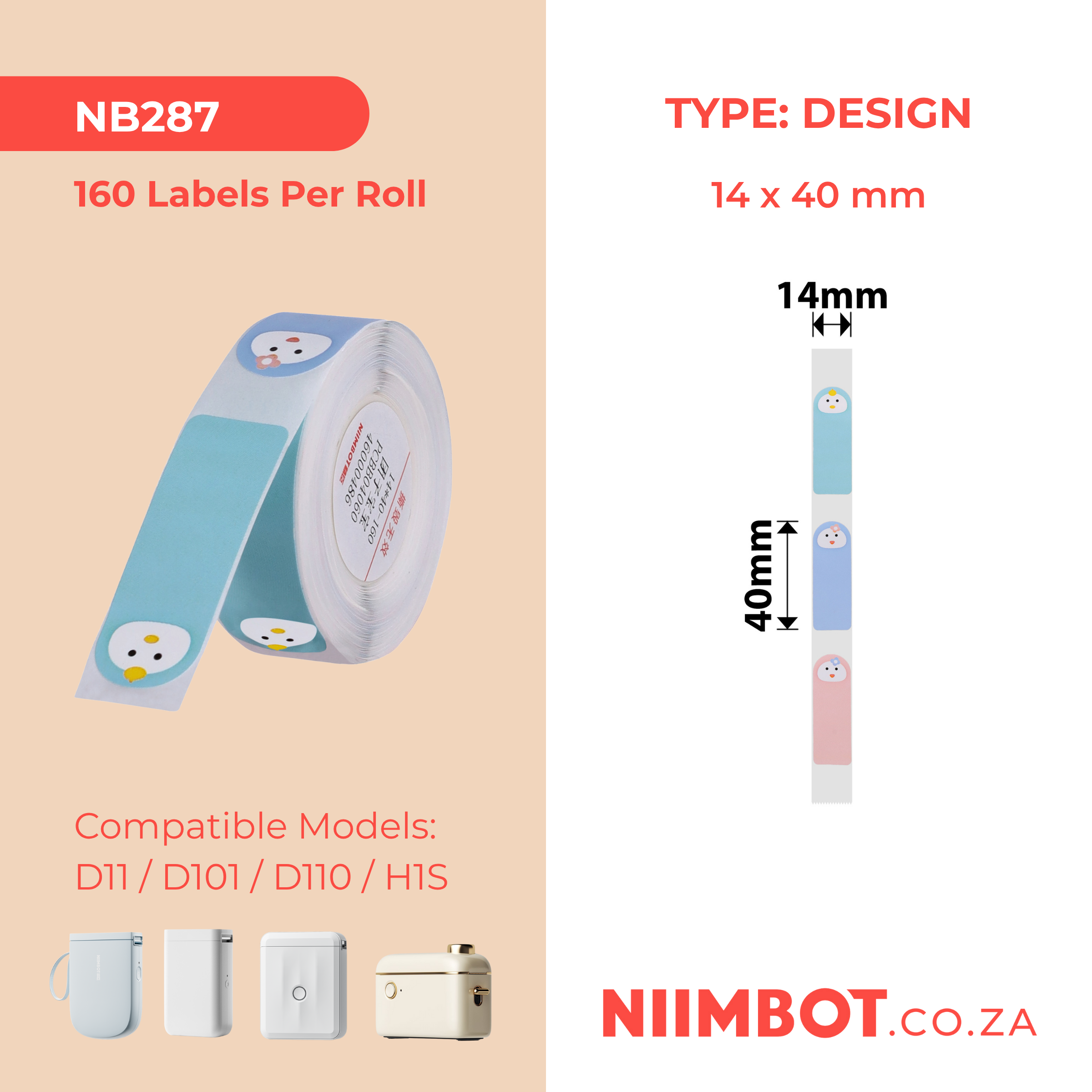 NB287 - NIIMBOT - D11 / D101 / D110 - R14*40 - 160 ETIKETTE PER ROL - BABA-GESIGGIE-ONTWERP