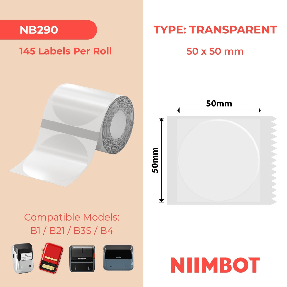 NIIMBOT - B Range - 50x50mm - Transparent Round - 150 Labels