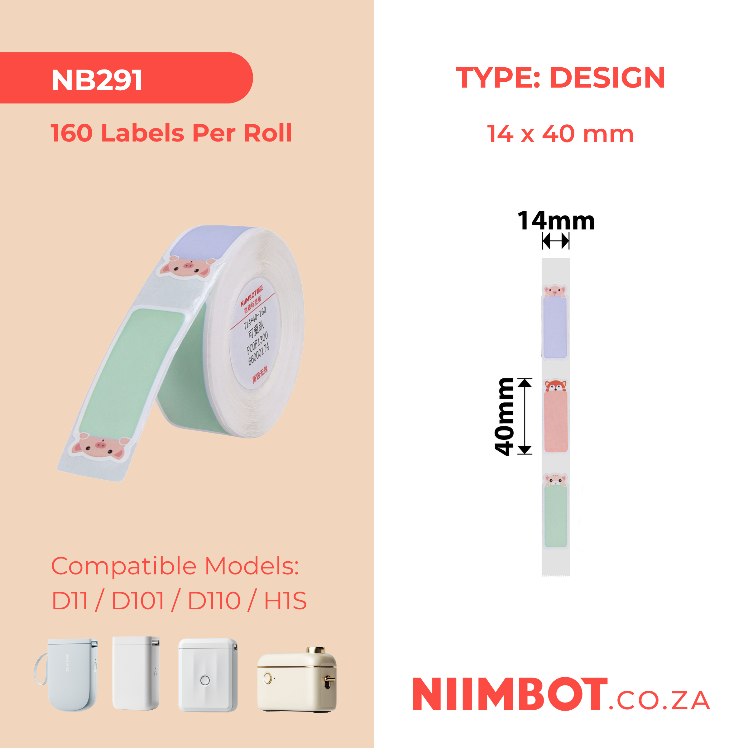 NB291 - NIIMBOT - D11 / D101 / D110 - R14*40 - 160 ETIKETTE PER ROL - SLEEPY ANIMALS ONTWERP