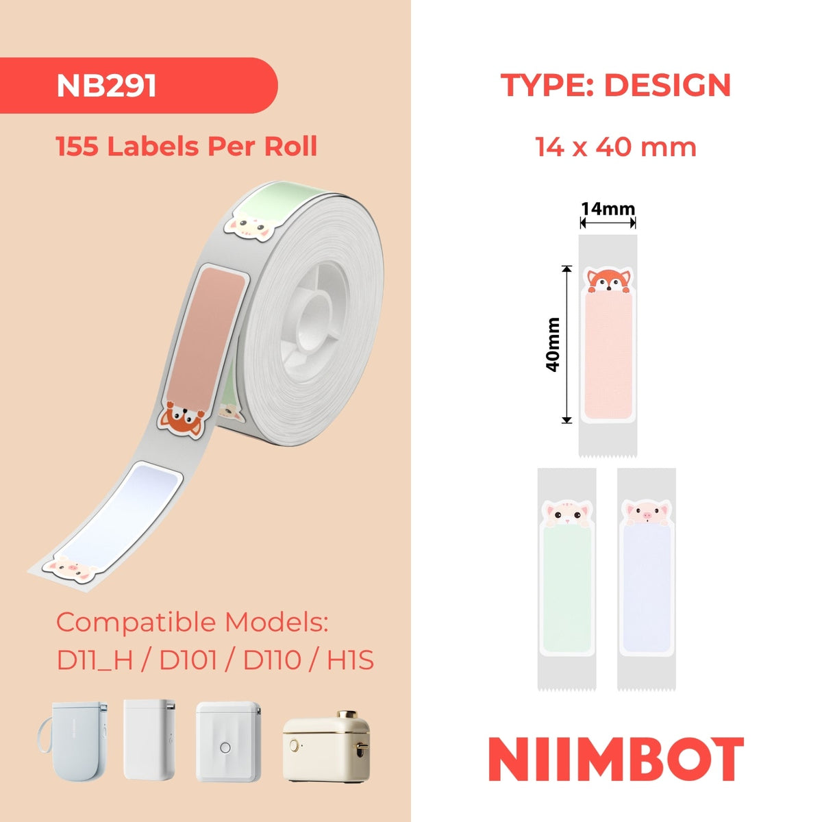 NIIMBOT - D Range - 14x40mm - Sleepy Animals - 155 Labels