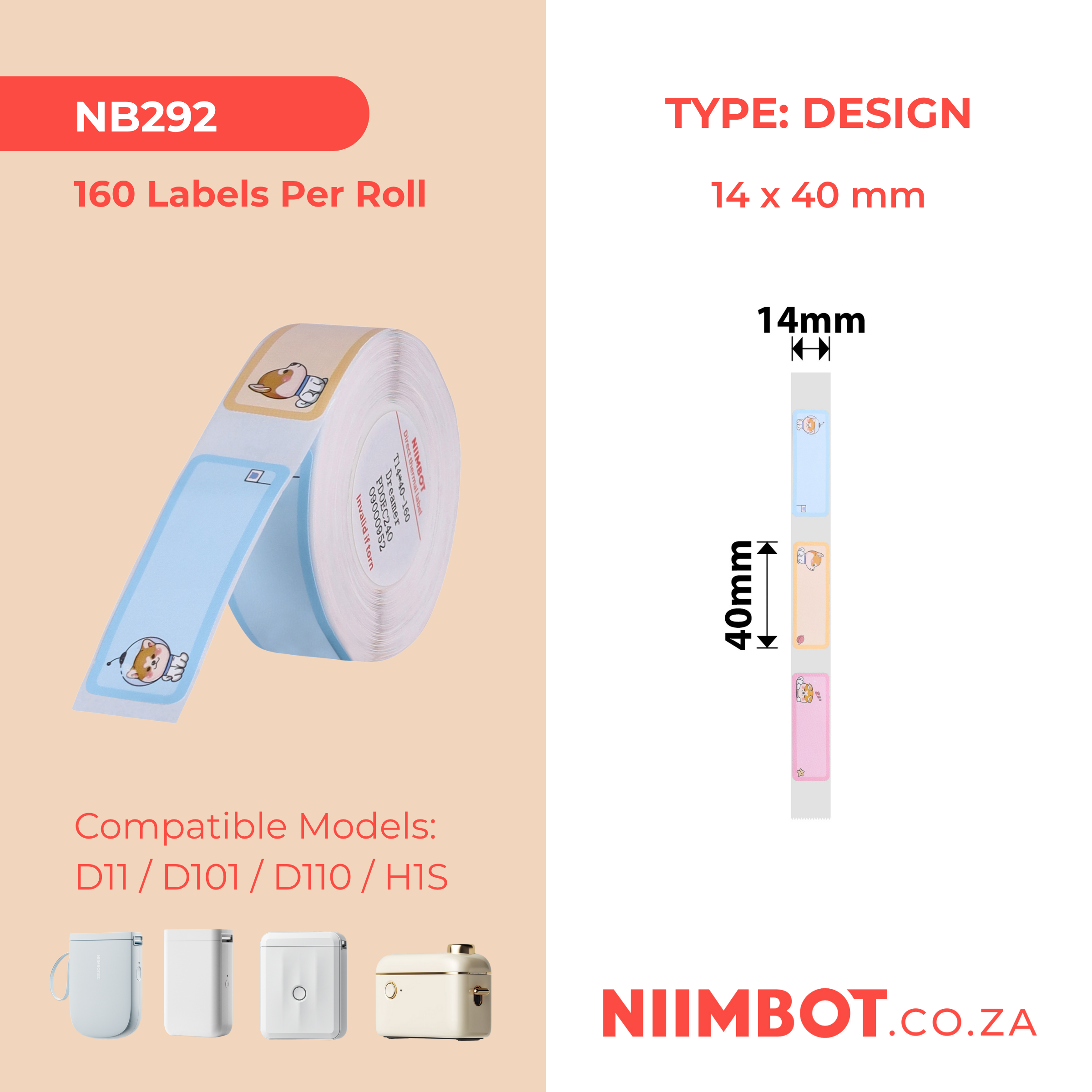 NB292 - NIIMBOT - D11 / D101 / D110 - R14*40 - 160 ETIKETTE PER ROL - DROOMHONDJIE-ONTWERP