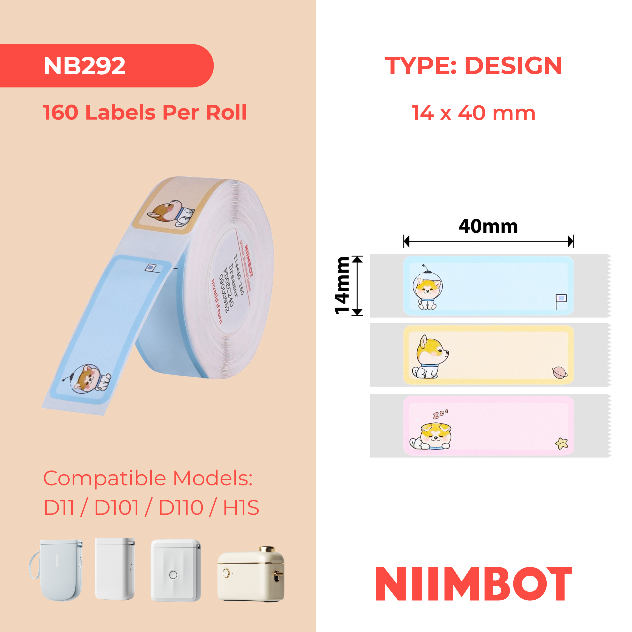 NB292 - NIIMBOT - D11 / D101 / D110 - R14*40 - 160 ETIKETTE PER ROL - DROOMHONDJIE-ONTWERP