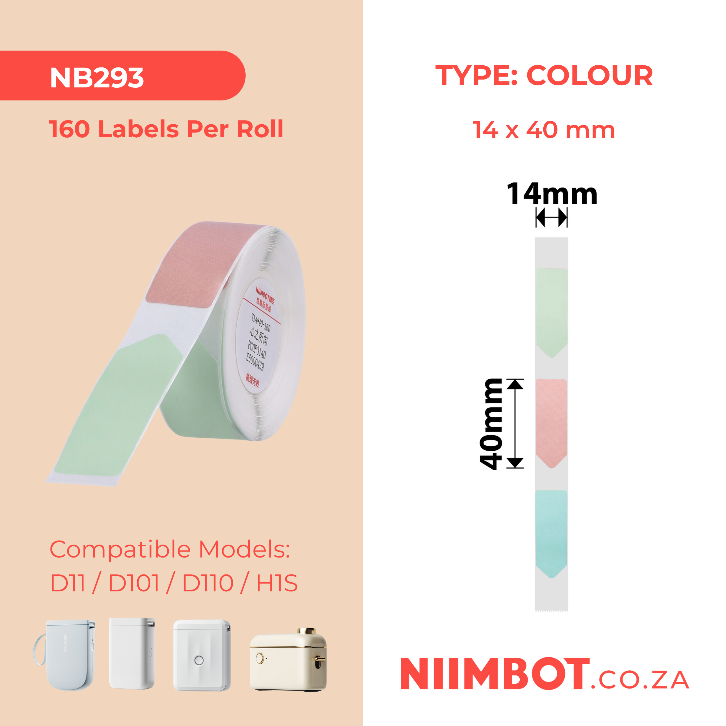NB293 - NIIMBOT - D11 / D101 / D110 - R14*40 - 160 ETIKETTE PER ROL - KLEURPYLONTWERP
