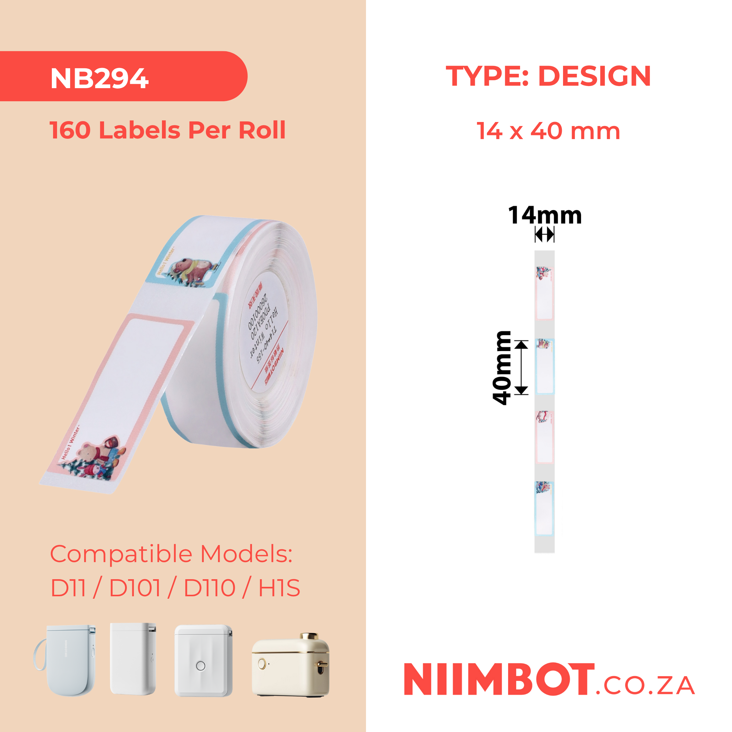 NB294 - NIIMBOT - D11 / D101 / D110 - R14*40 - 160 ETIKETTE PER ROL - HALLO WINTER