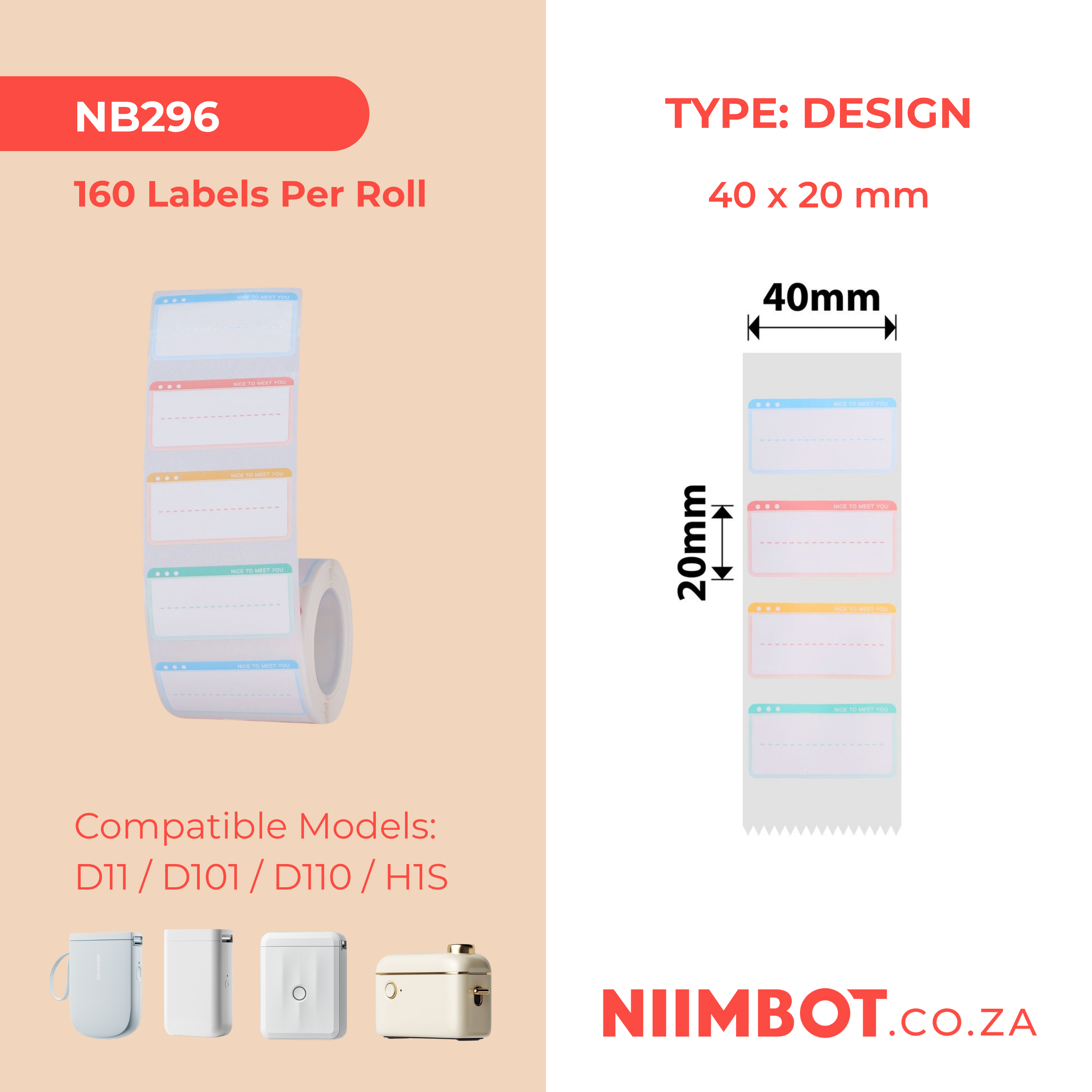 NB296 - NIIMBOT - D11 / D101 / D110 - R14*40 - 160 ETIKETTE PER ROL - AANGESIEN OM JOU TE ONTMOET ONTWERP
