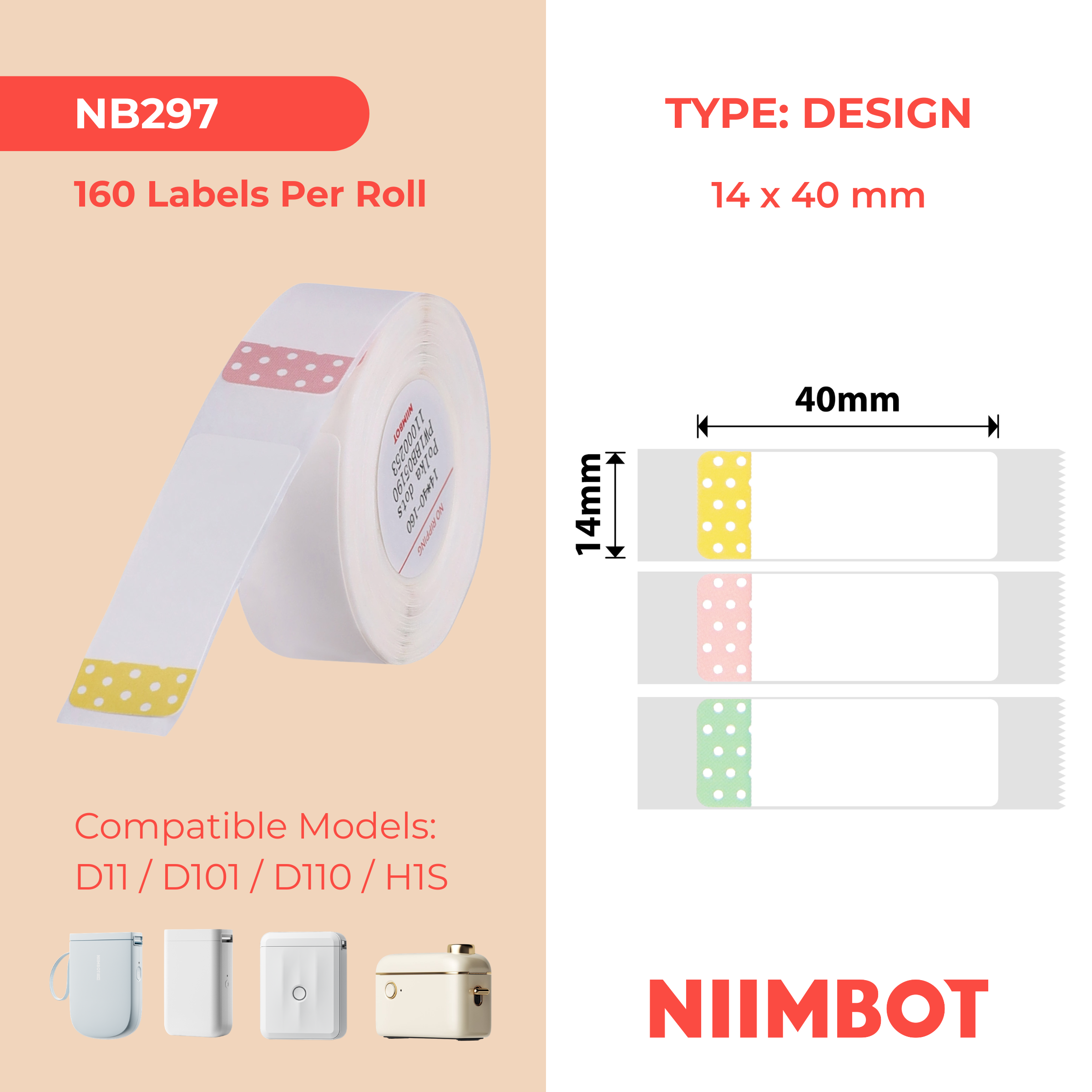 NB297 - NIIMBOT - D11 / D101 / D110 - R14*40 - 160 ETIKETTE PER ROL - POLKA DOTS-ONTWERP