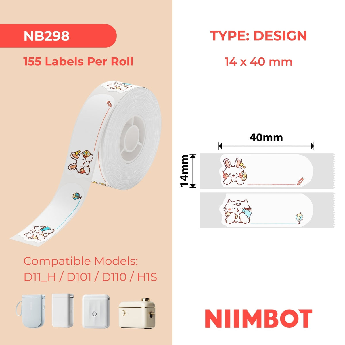 NIIMBOT - D Range - 14x40mm - School Rabbit - 155 Labels